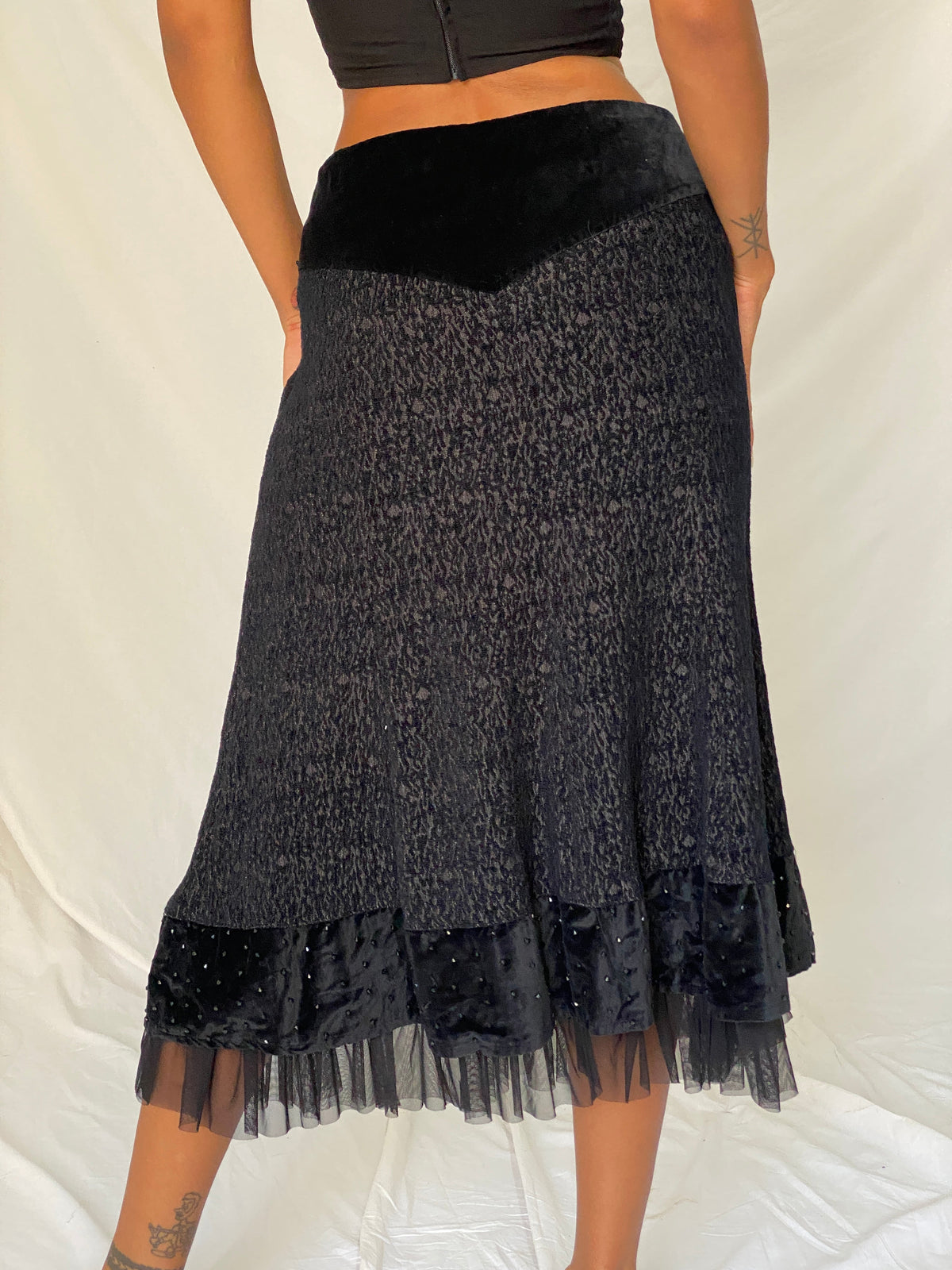 Vintage Whimsigoth Black Velvet Embellished Tulle Grunge Midi Skirt – M