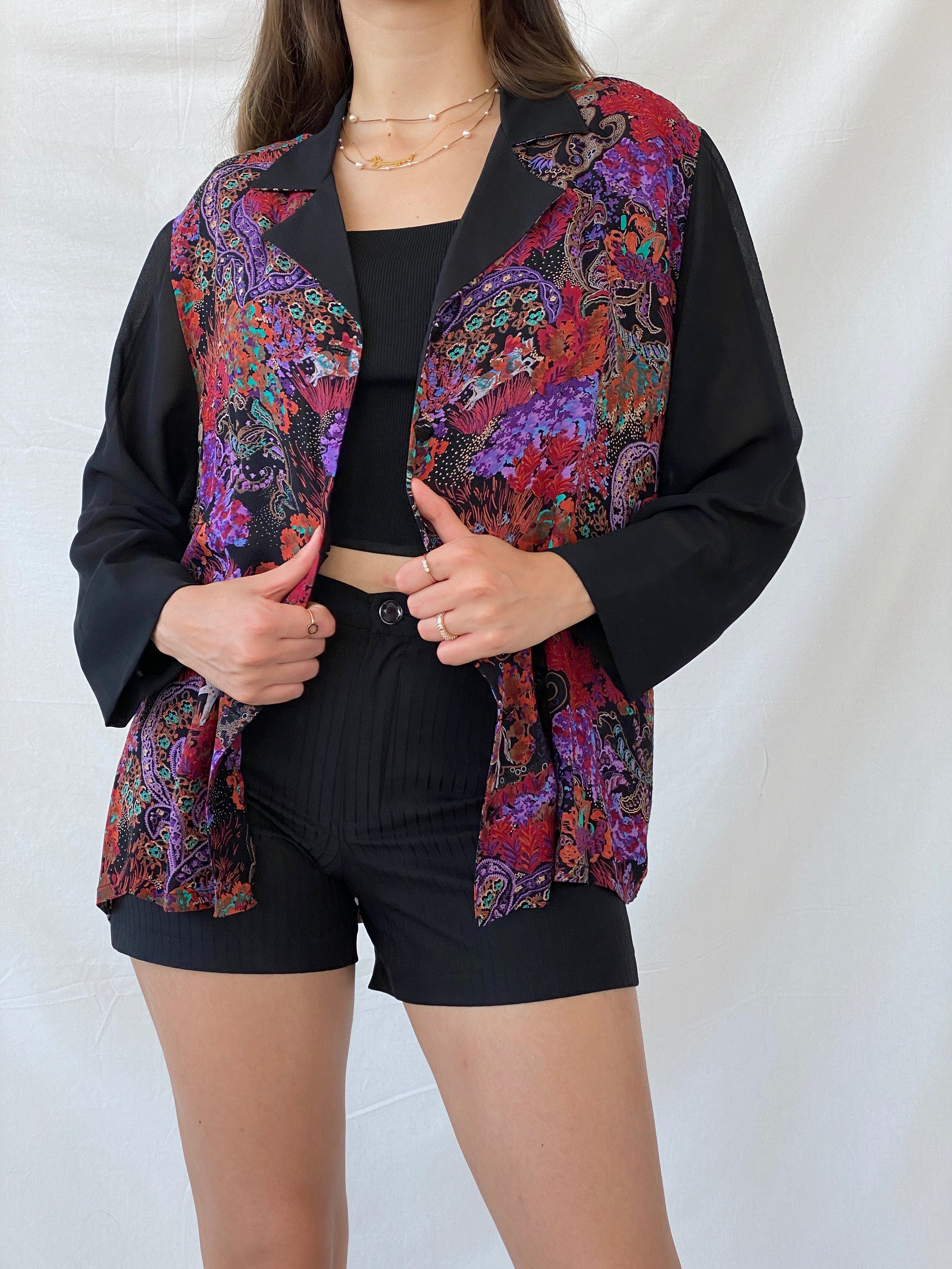 Vintage Handmade Multicolor Semi Sheer Paisley Print Black Shirt - L