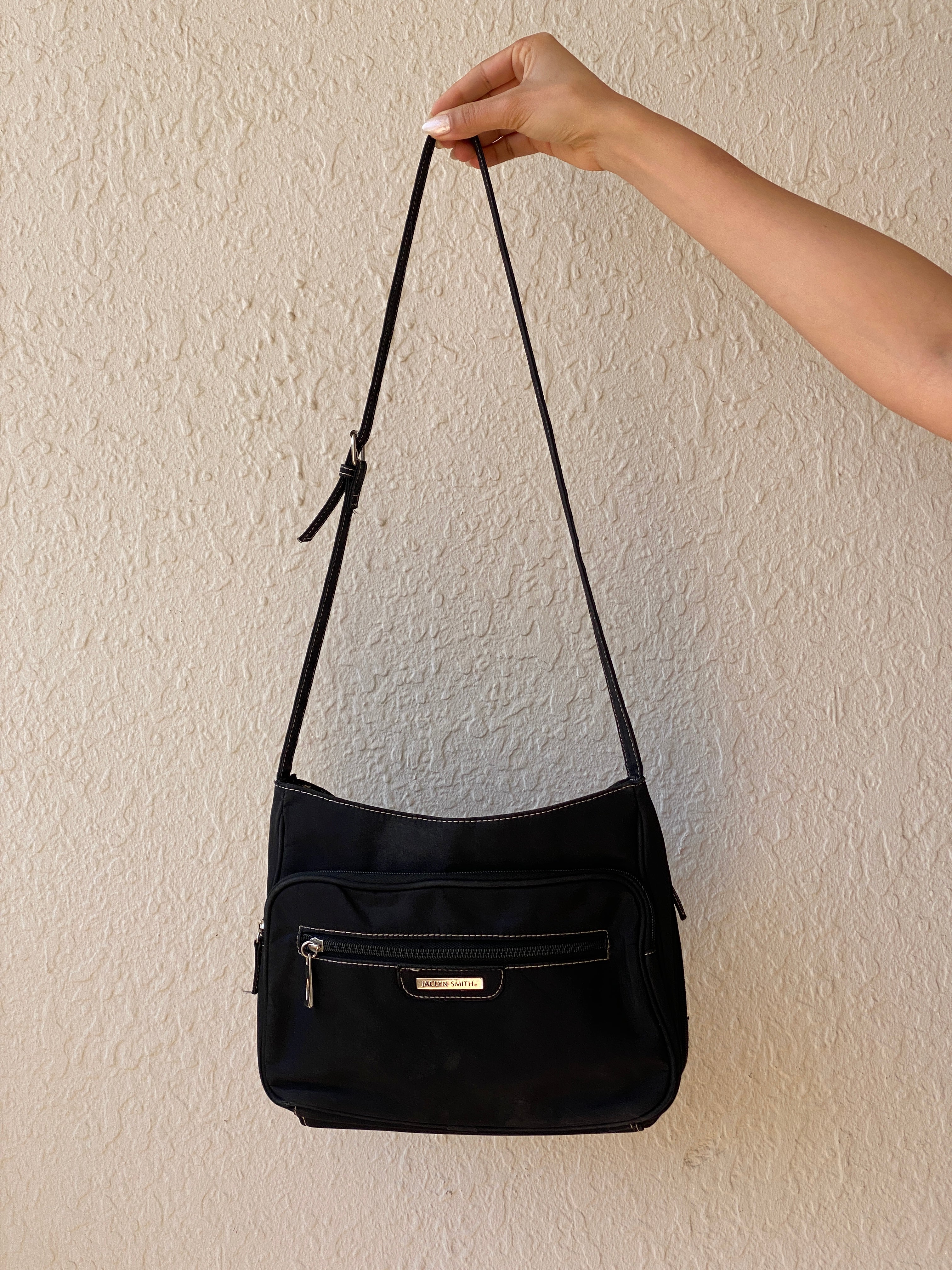 Vintage Y2K Jaclyn Smith Black Nylon Shoulder Multi-Pocket Crossbody Bag