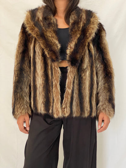 Vintage Striped Brown & Black Real Fur Coat - 70s Glam Winter Statement Jacket - M/L