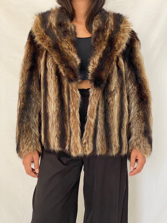 Vintage Striped Brown & Black Real Fur Coat - 70s Glam Winter Statement Jacket - M/L