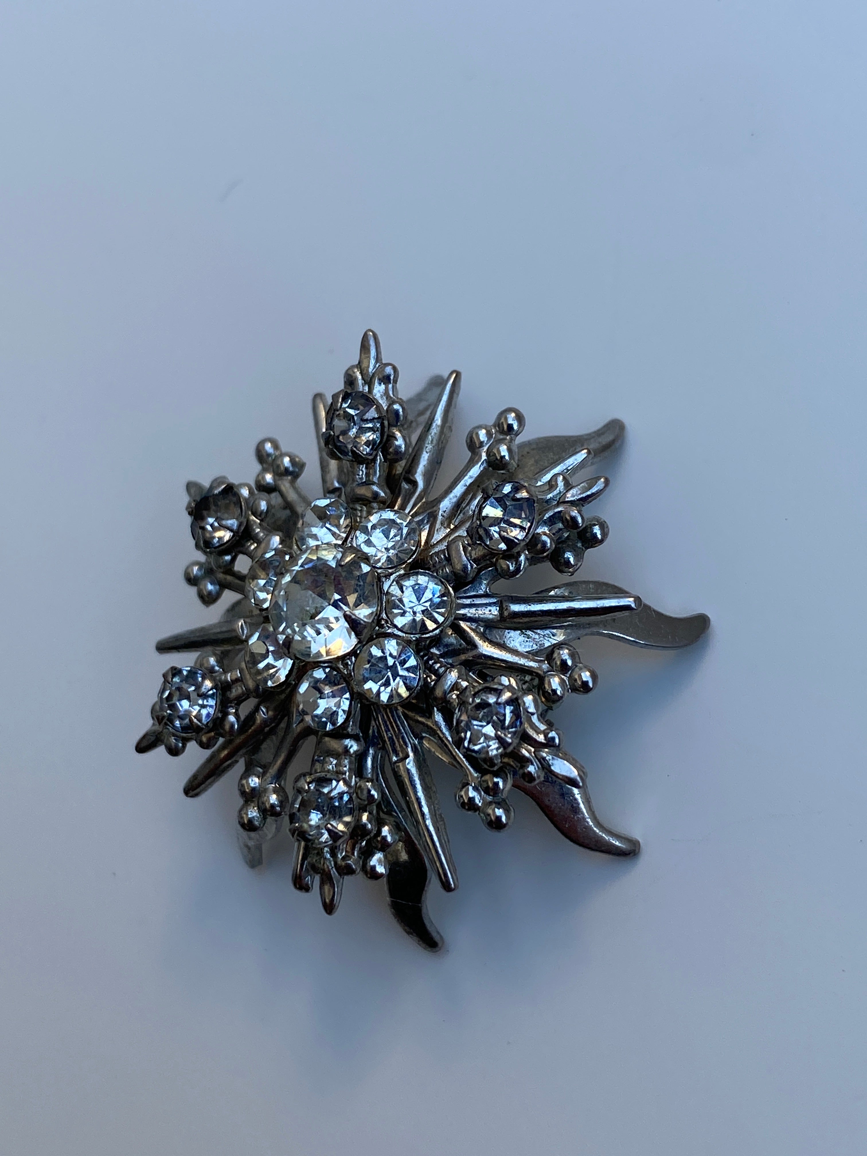 Vintage Mid-Century Silver Tone Rhinestone Starburst Floral Brooch