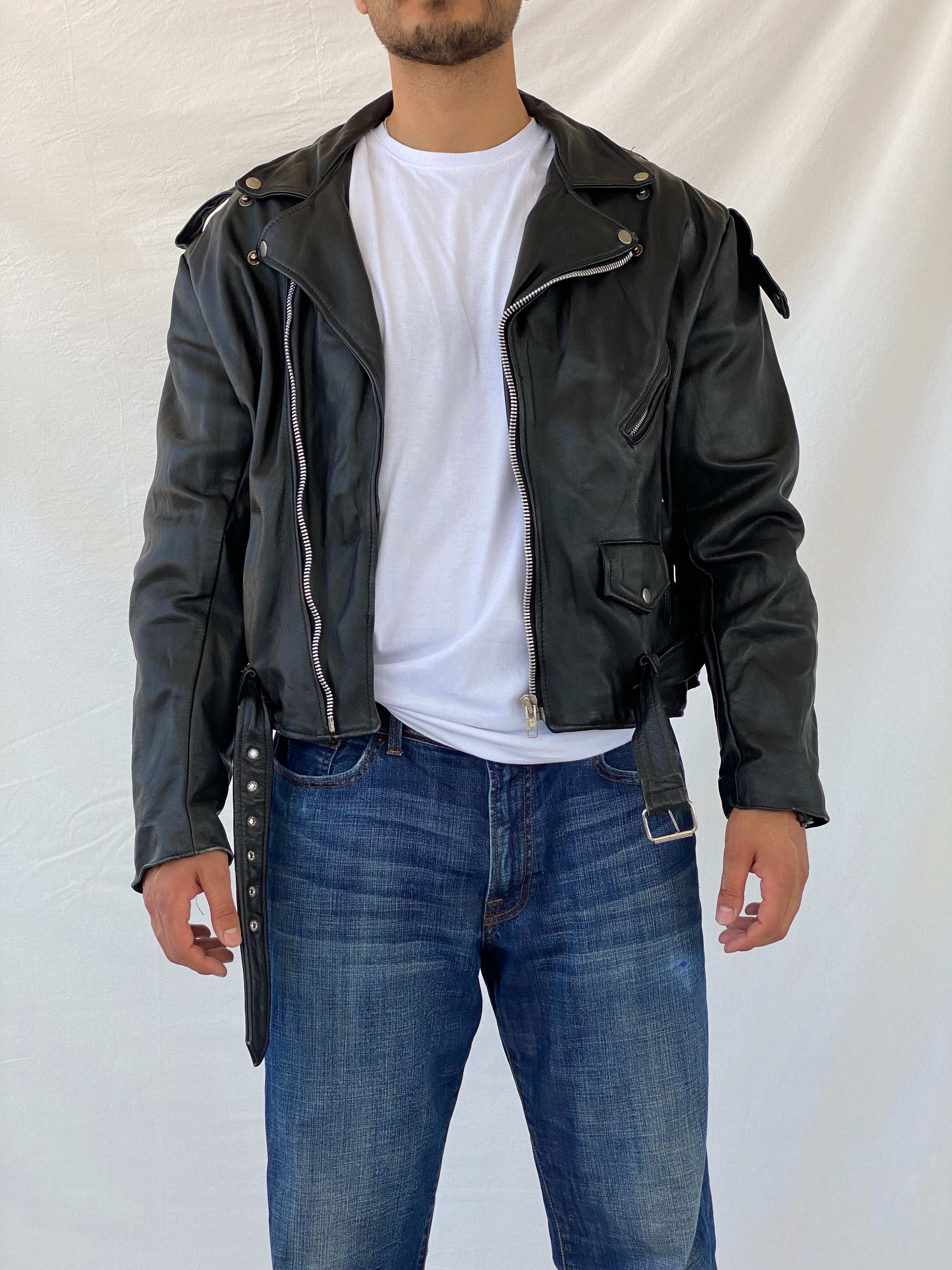 Vintage Heavy Black Genuine Leather Men’s Biker Jacket - L