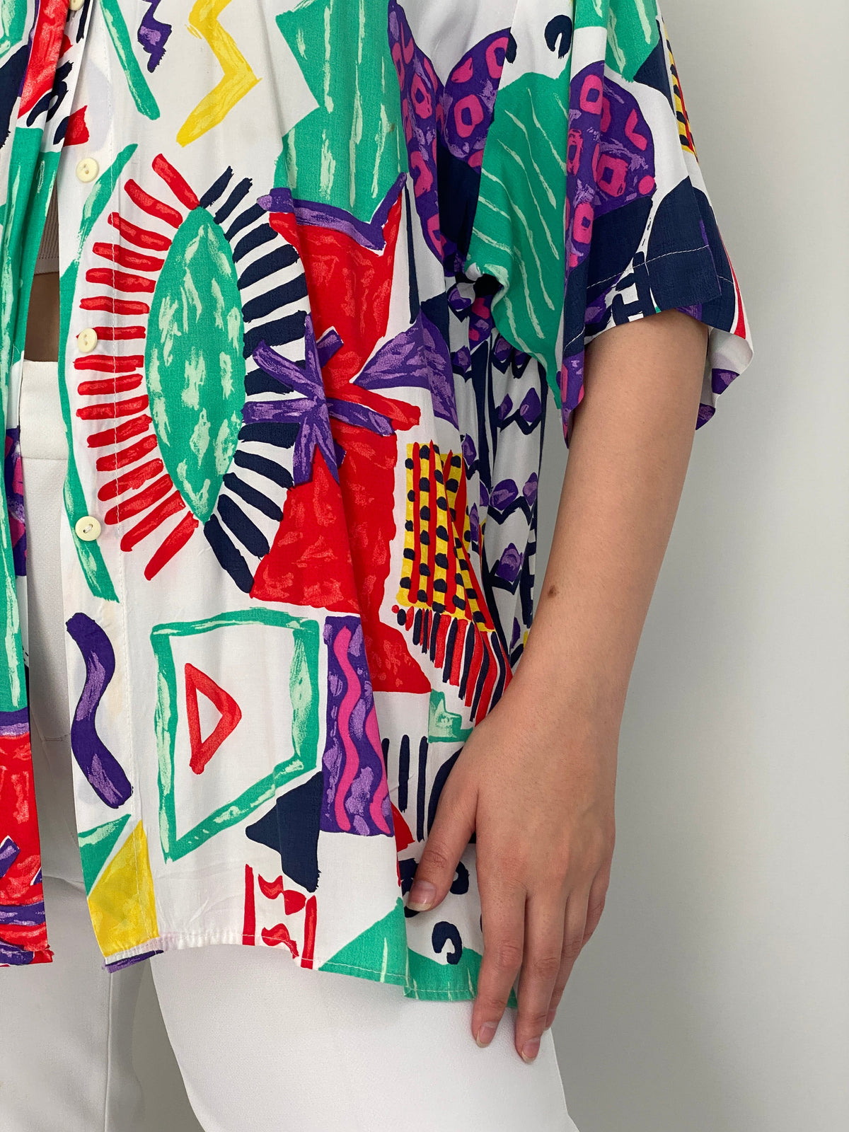 Vintage 90s Canda White Multicolor Abstract Art Print Oversized Shirt – XL