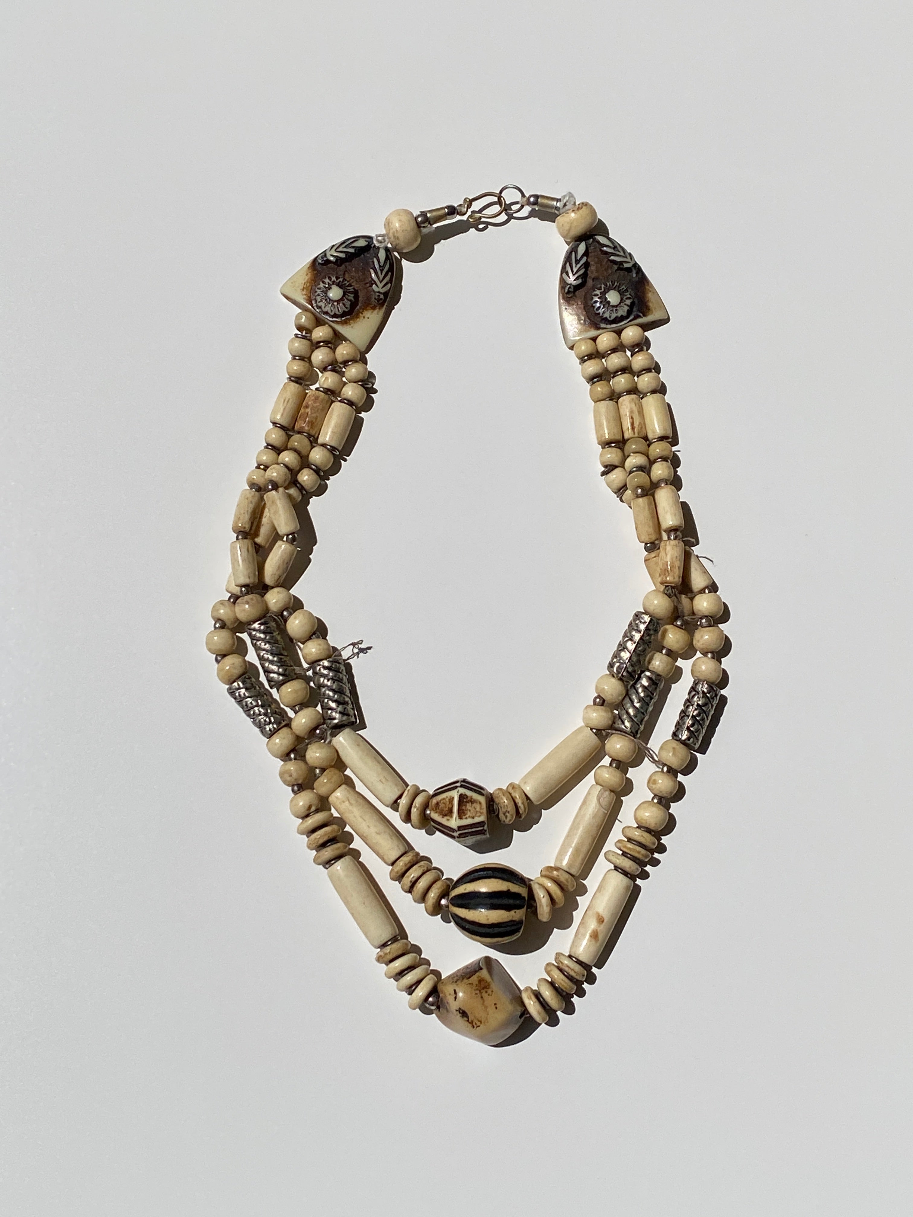 Vintage Tribal Bone & Black Stripe Bead Multi-Strand Artisan Necklace