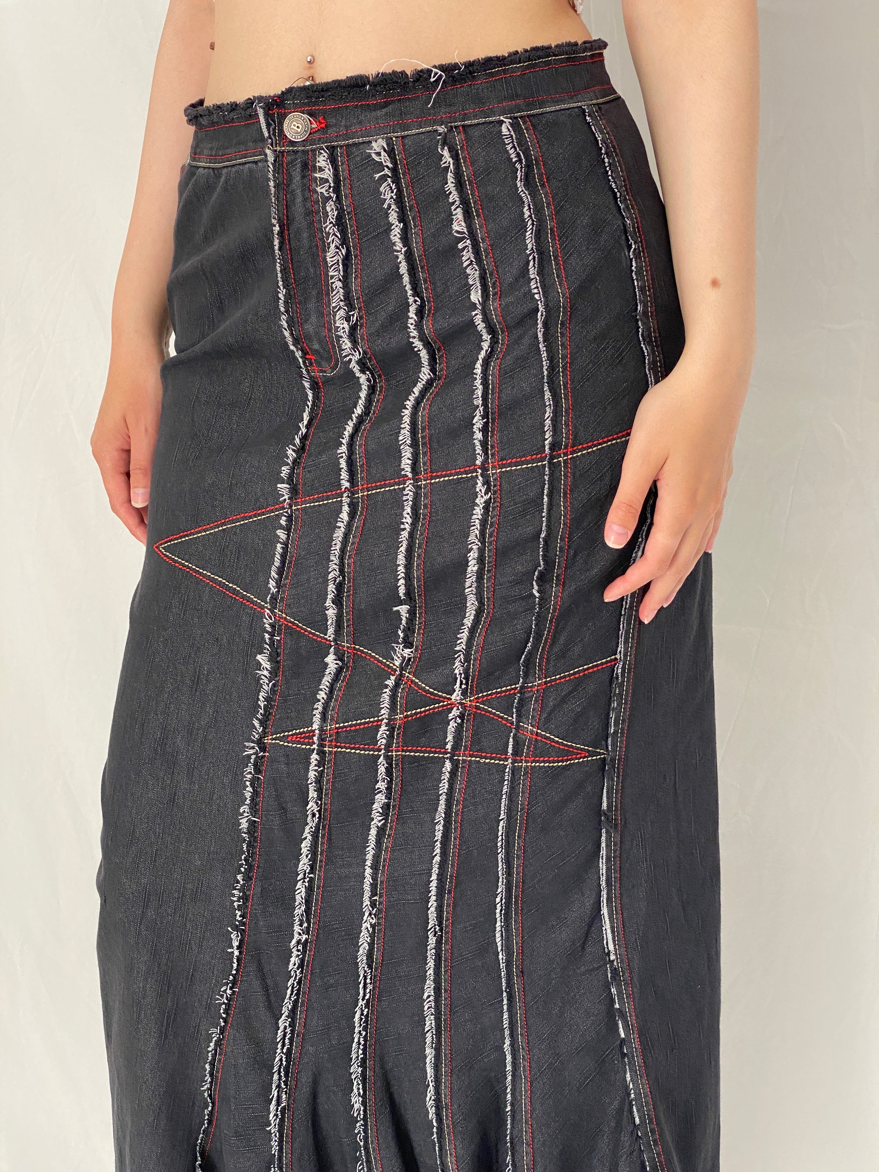 Vintage Y2K Georges Barhel Black Denim Patchwork Maxi Skirt - L