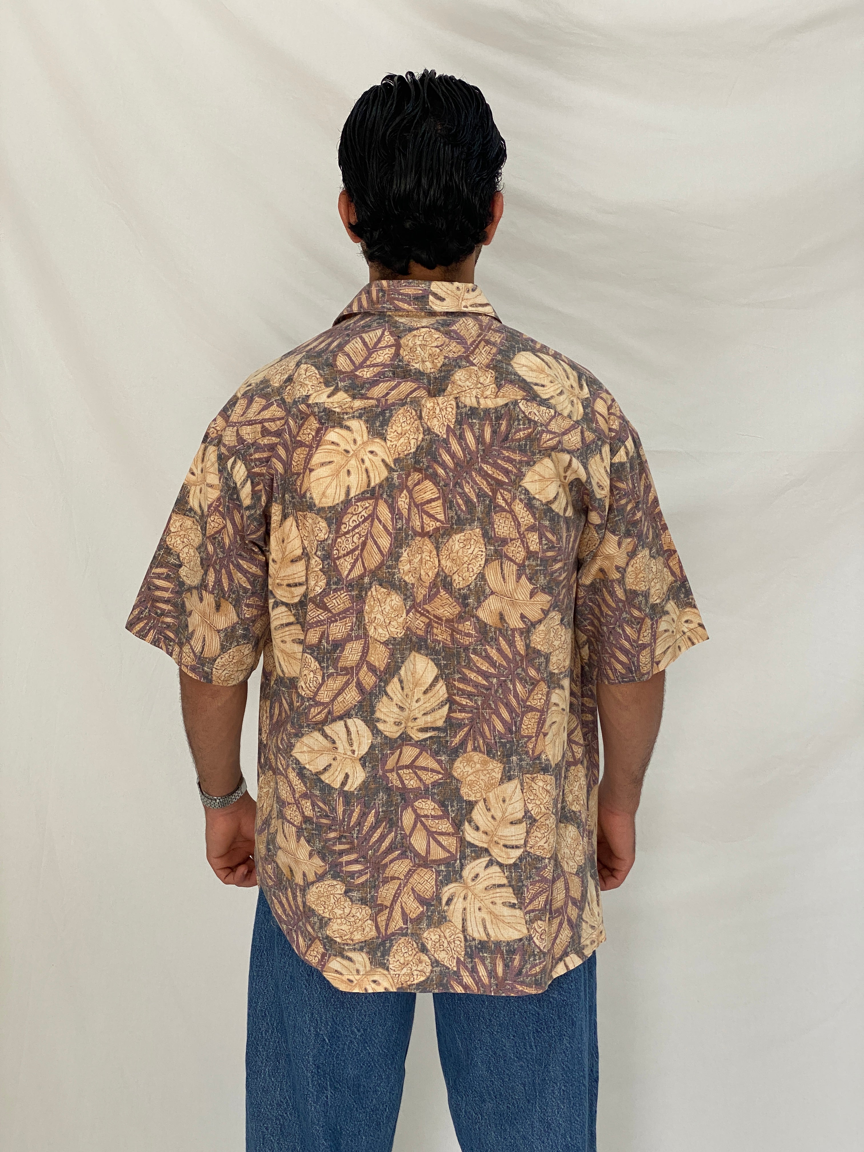 Vintage Tori Richard Hawaiian Shirt Beige Brown Tropical Print Camp Collar Aloha Shirt - L
