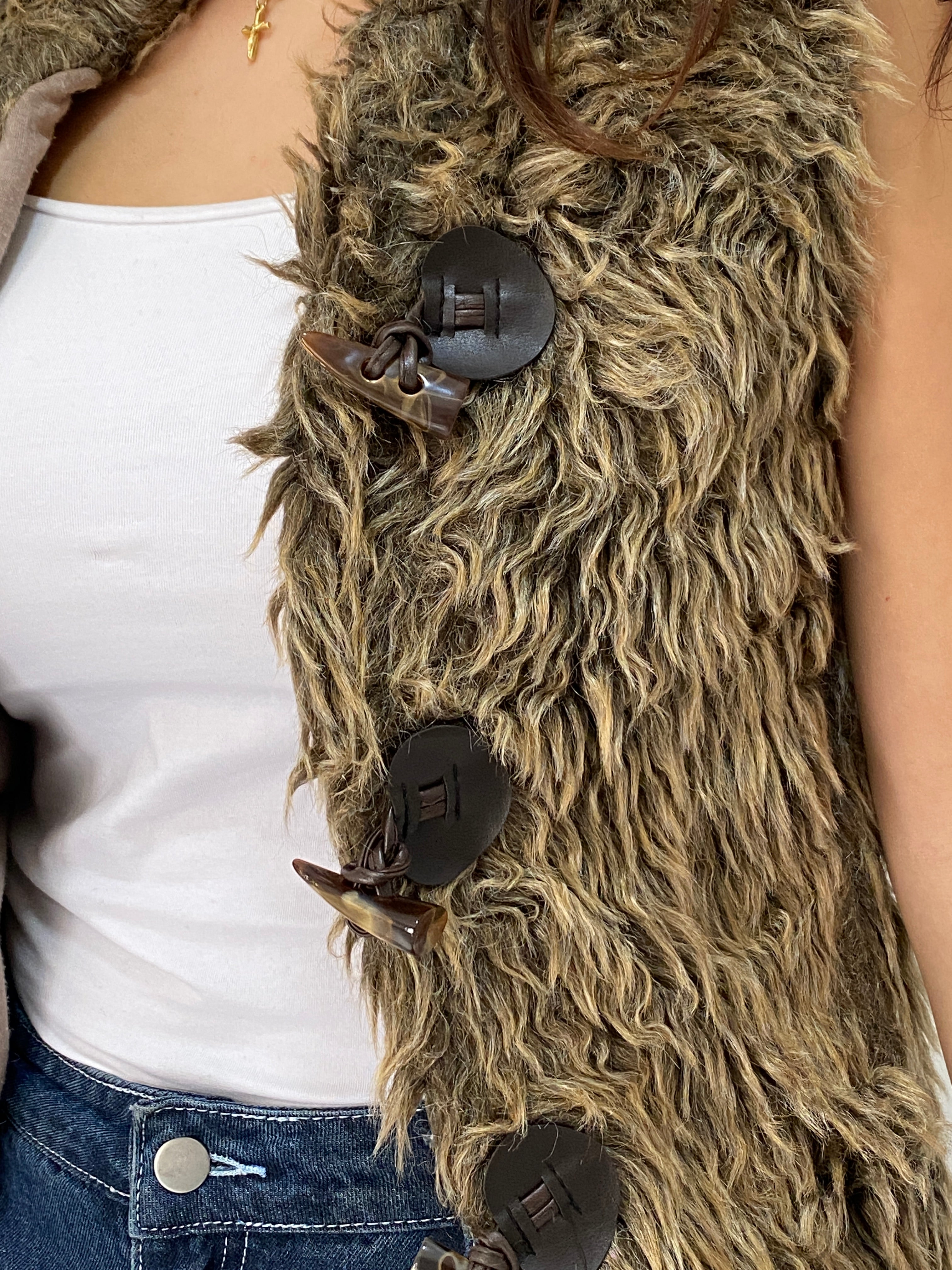Vintage Shaggy Faux Fur Brown Sleeveless Boho Vest with Toggle Buttons - M