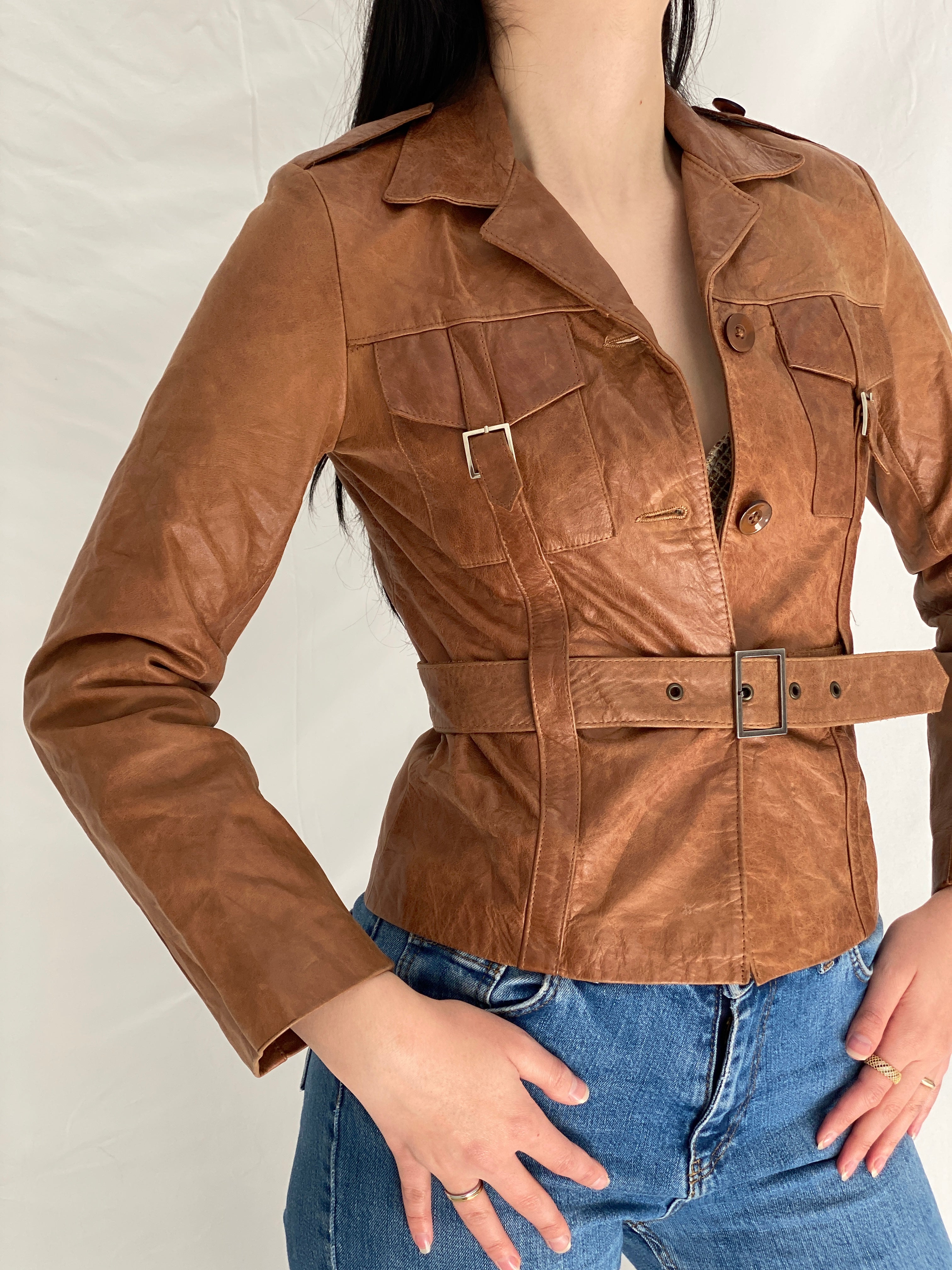 Vintage Y2K Influence Paris Brown Genuine Leather Fitted Belted Jacket - S