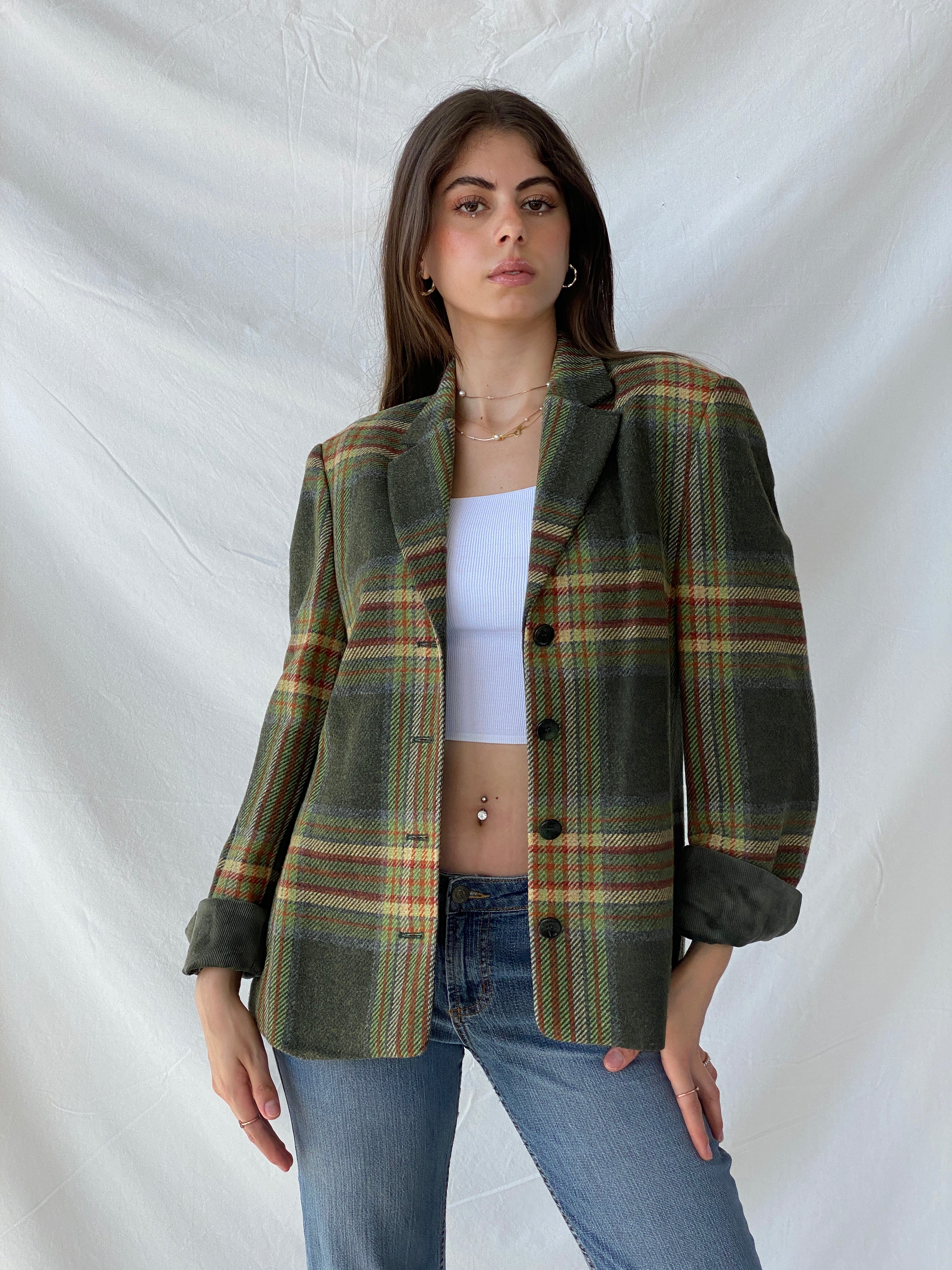 Vintage Delmod Plaid Wool Green Blazer - L