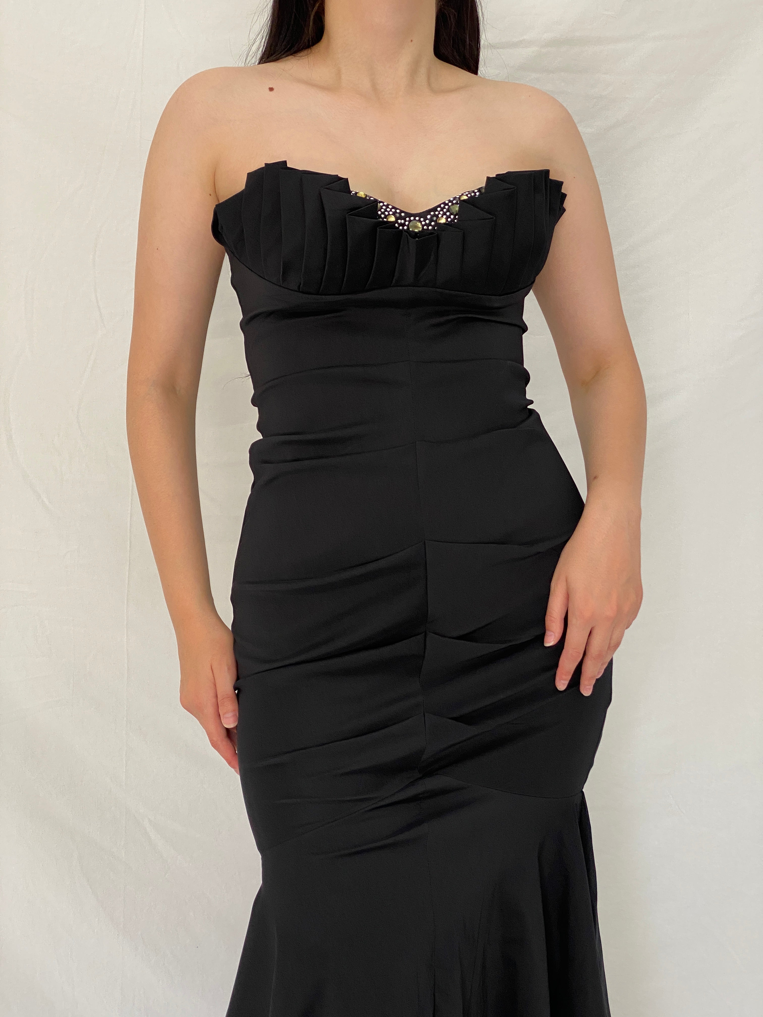 Vintage Betsy & Adam Black Beaded Bust Mermaid Evening Gown – M