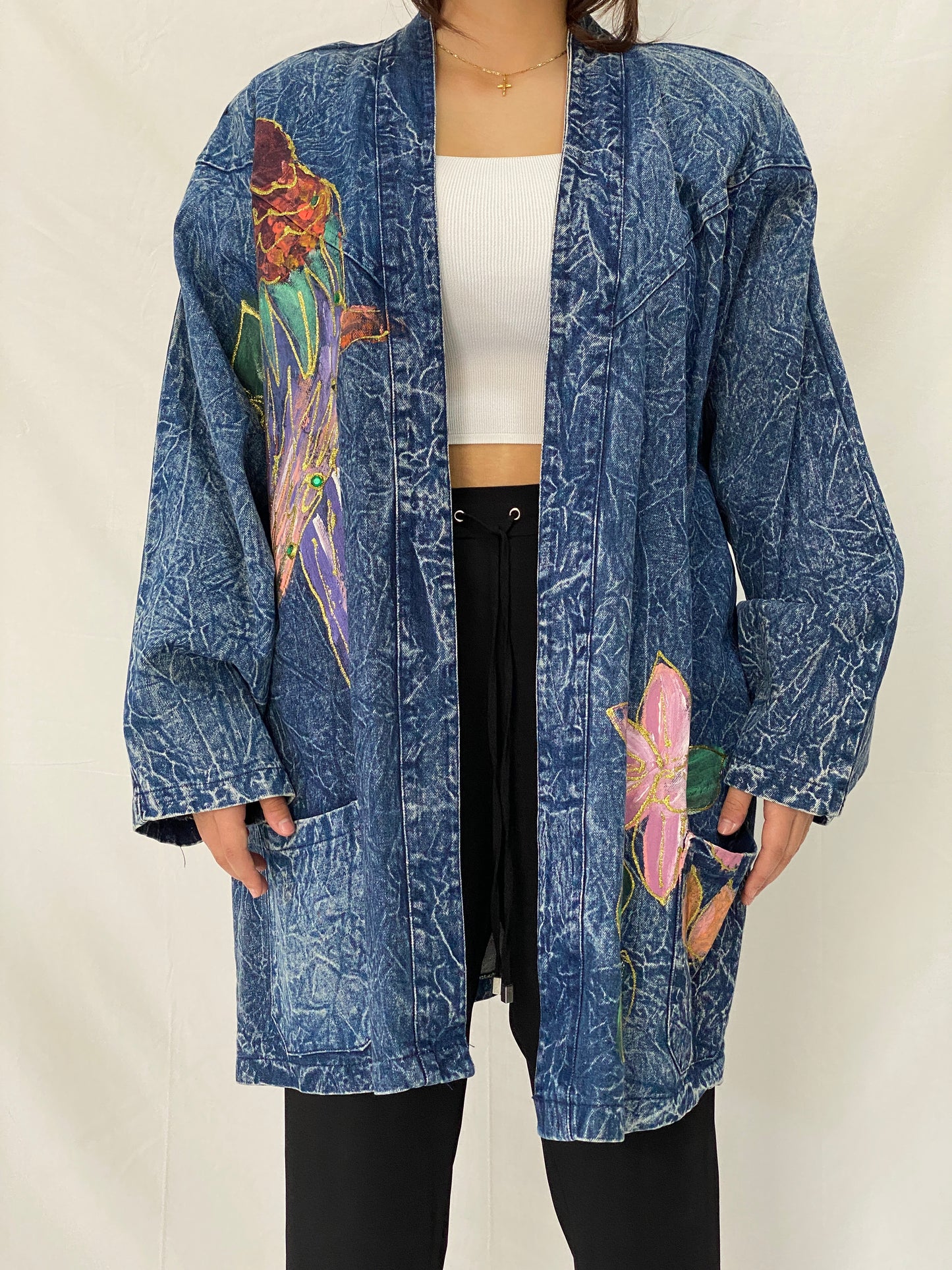 Vintage Christie California Hand Painted Denim Duster 80s Acid Wash Kimono Coat - 2XL