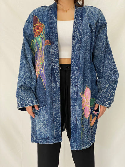 Vintage Christie California Hand Painted Denim Duster 80s Acid Wash Kimono Coat - 2XL