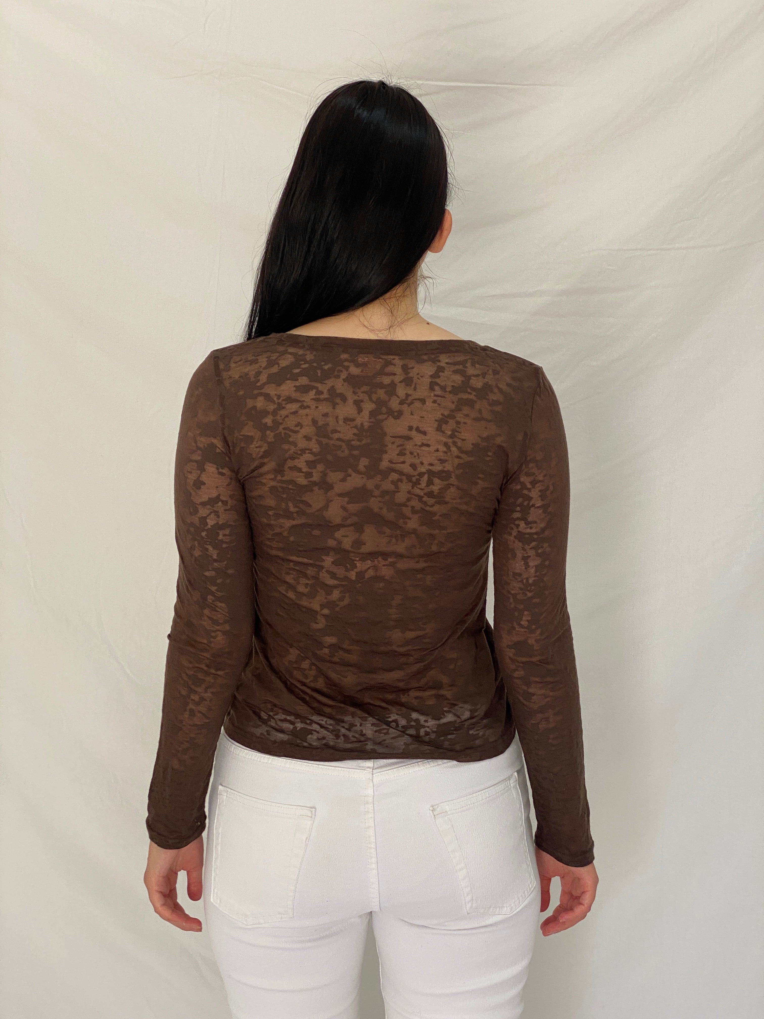 Vintage Y2K DKNY Jeans Brown Graphic Sheer Long Sleeve Top – M