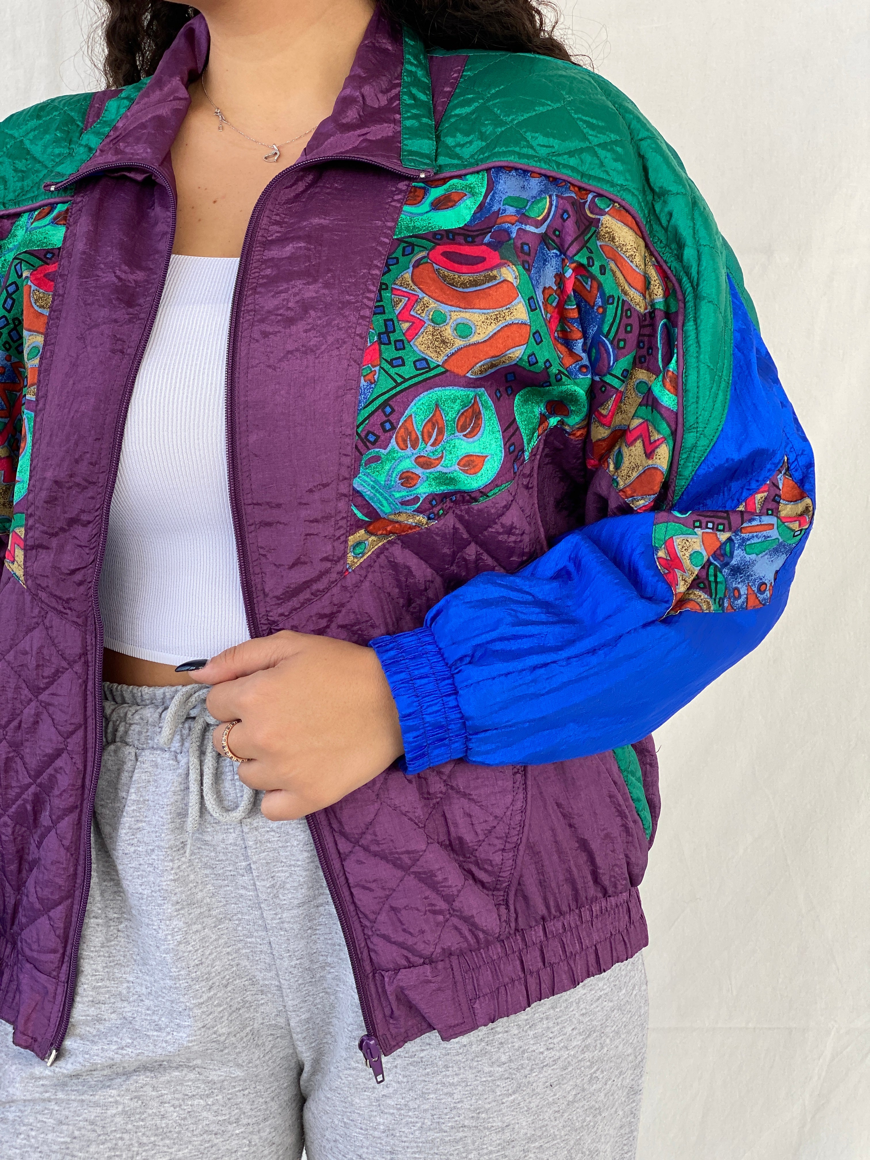 Vintage 80s/90s Active Studio by Div Rousso Quilted Green & Purple Track Windbreaker Jacket - M