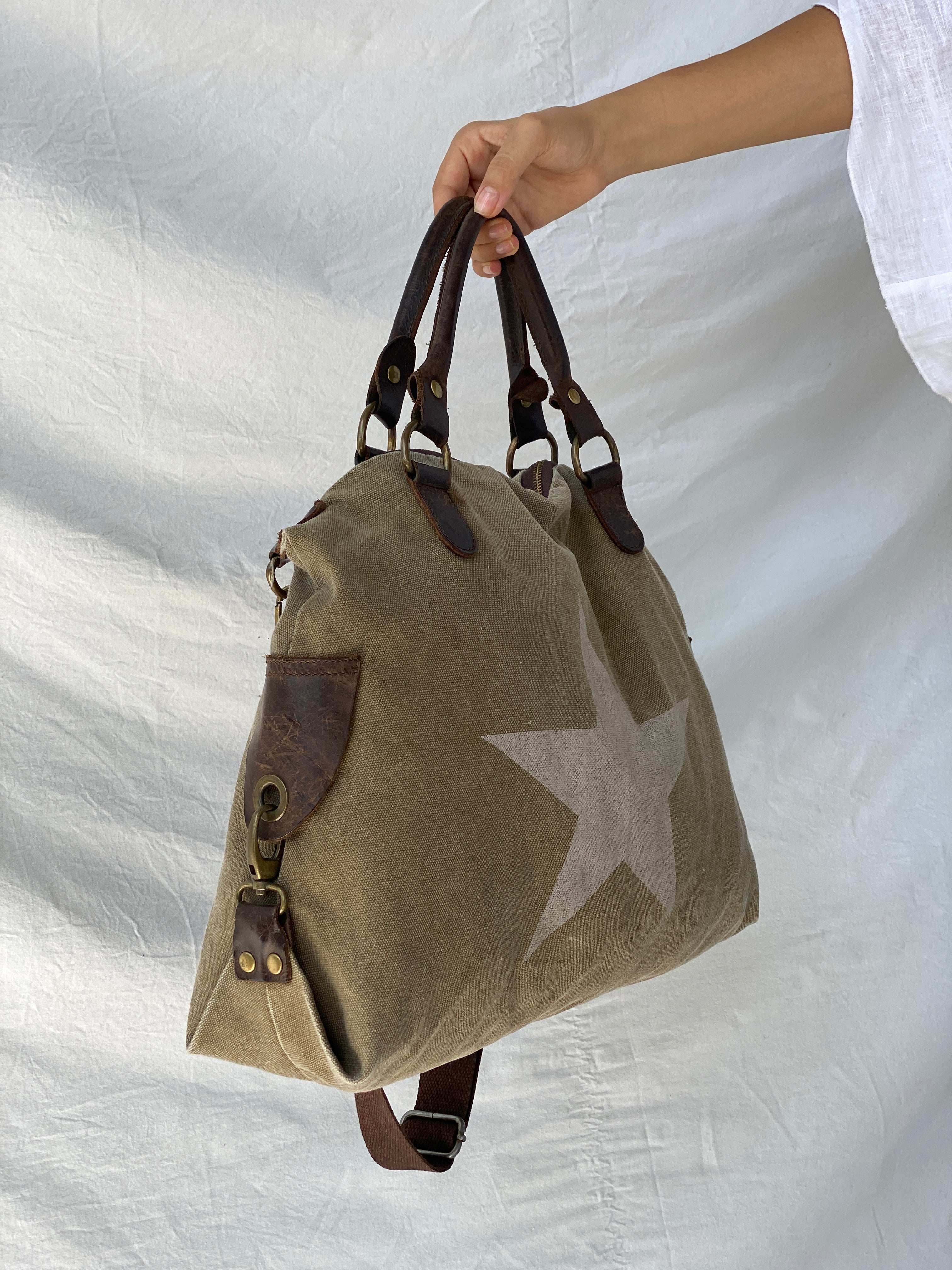 Vintage Genuine Leather Star Canvas Tote Bag