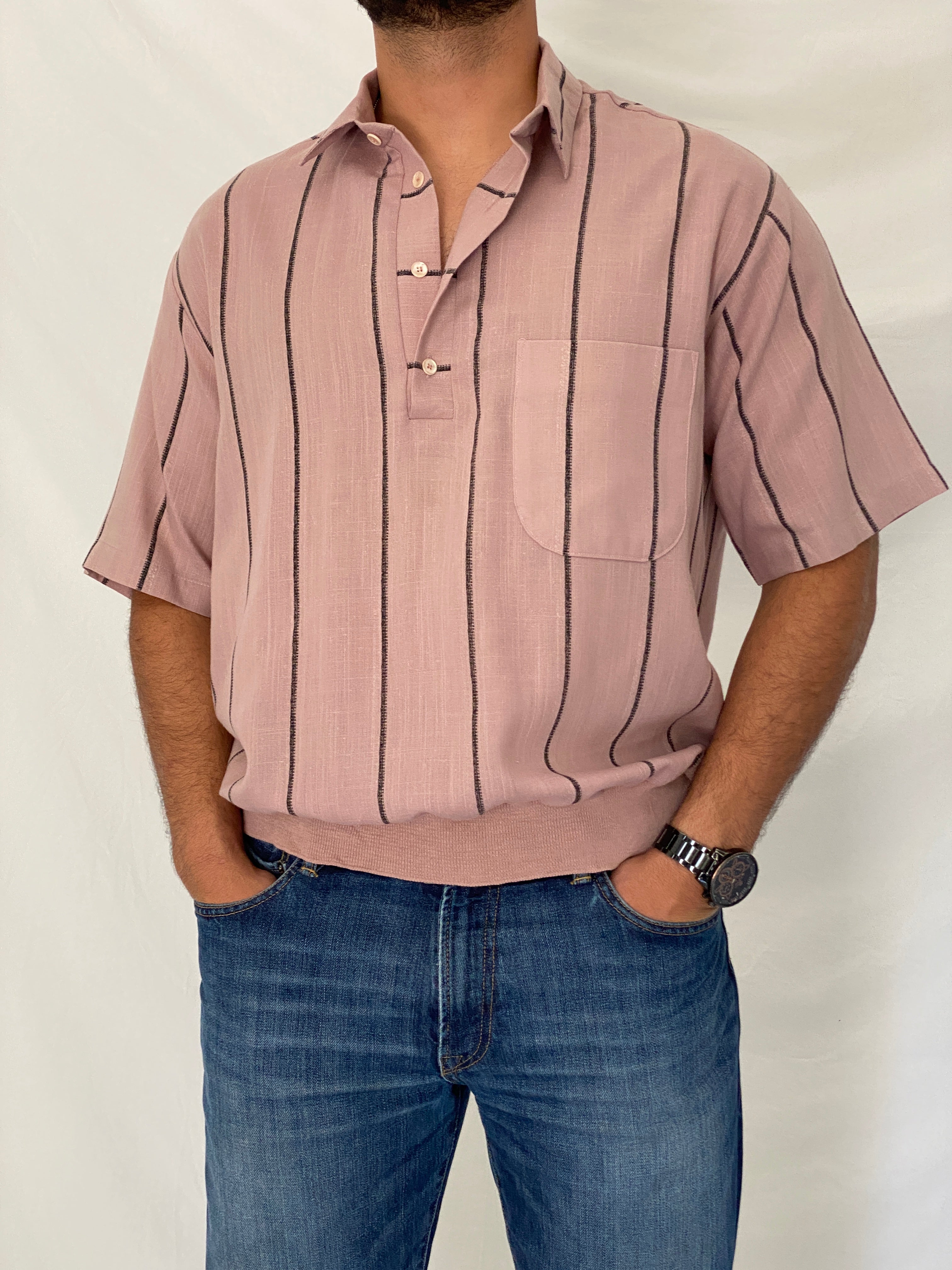 Vintage Norm Thompson Dusty Rose Striped Polo Pullover Top – XL