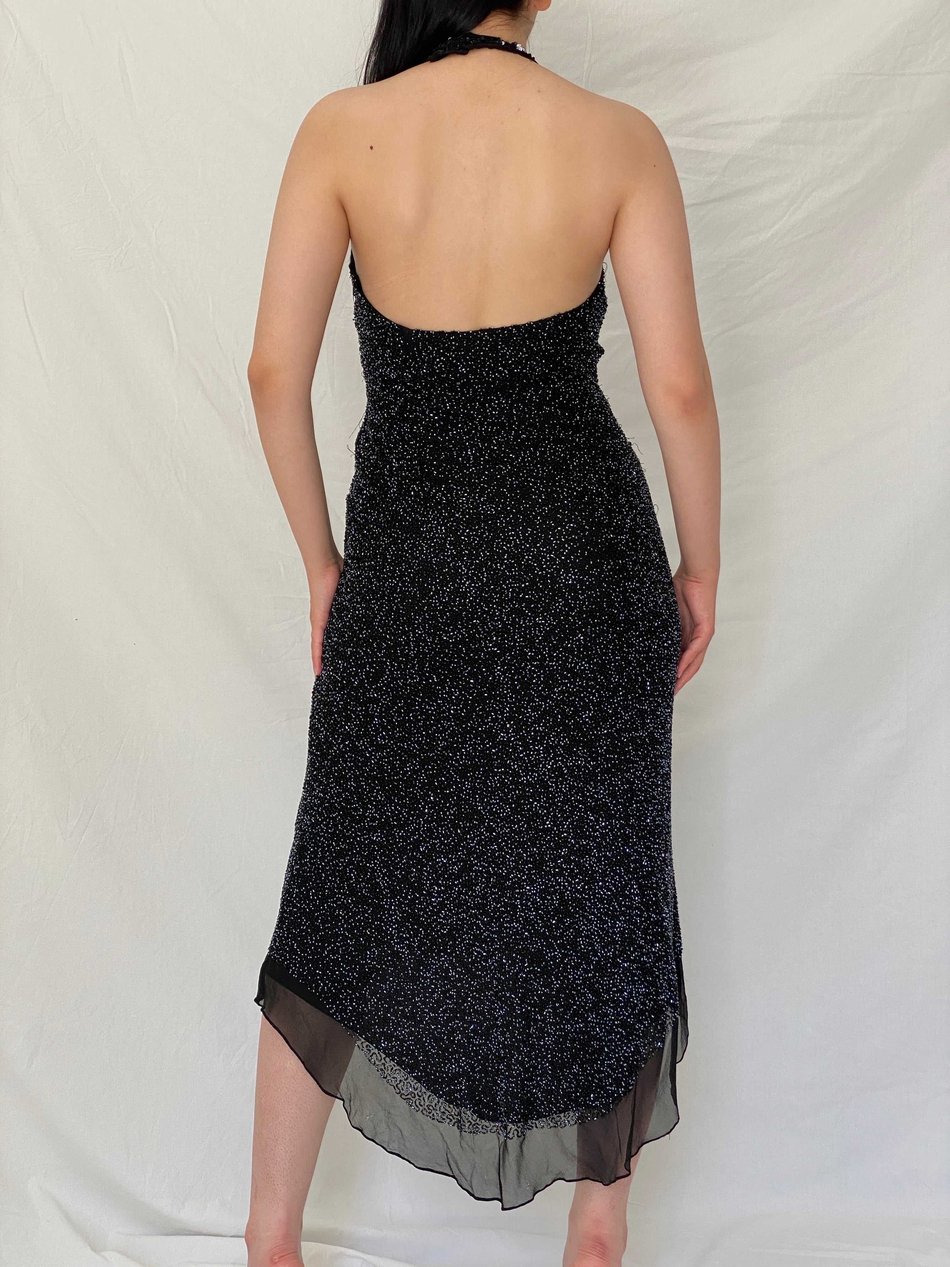 Vintage PAPÉLL BOUTIQUE Black Silk Beaded Halter Evening Dress – S