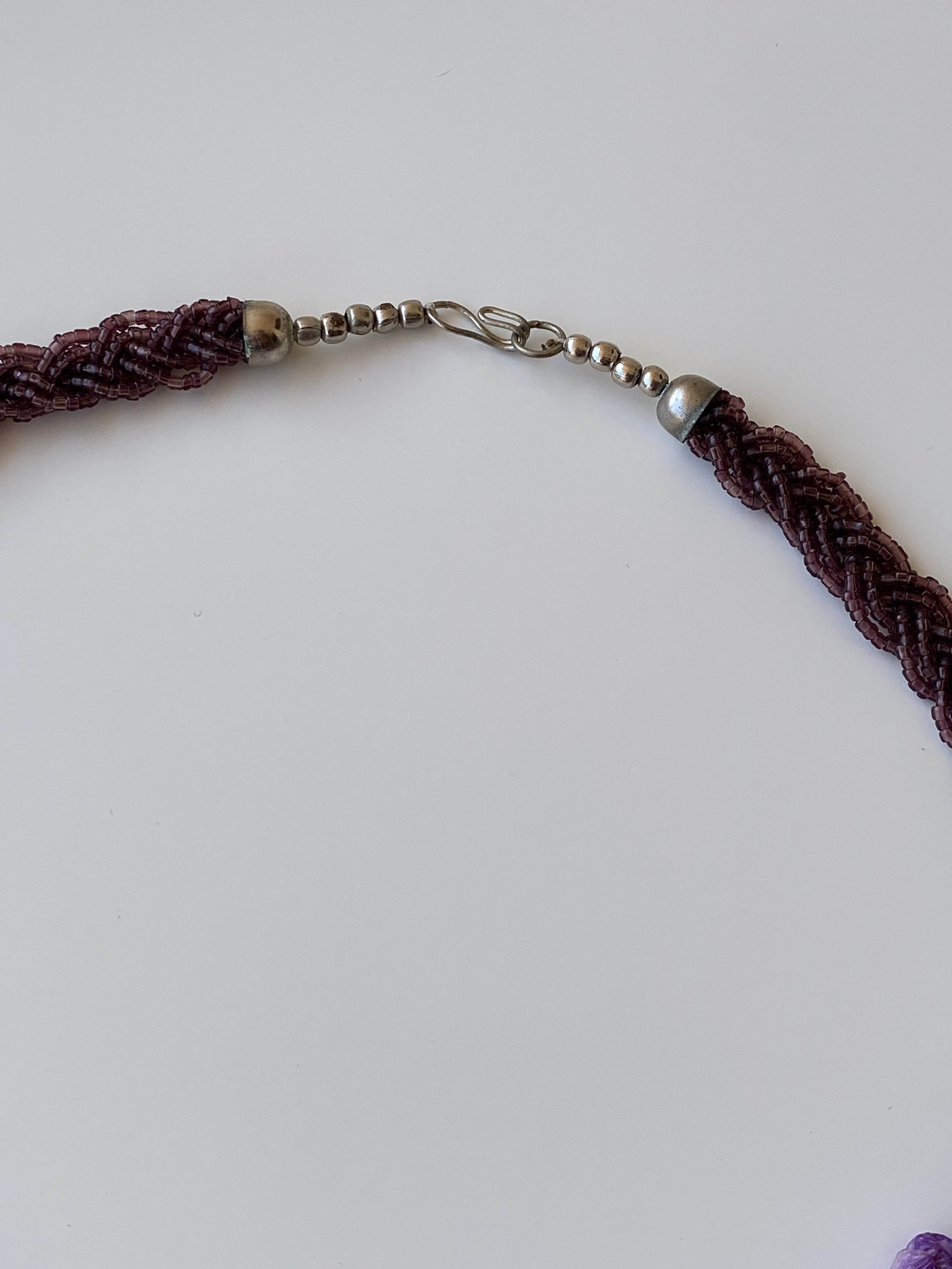 Vintage Purple Chip Stone & Seed Bead Braided Tassel Fringe Necklace