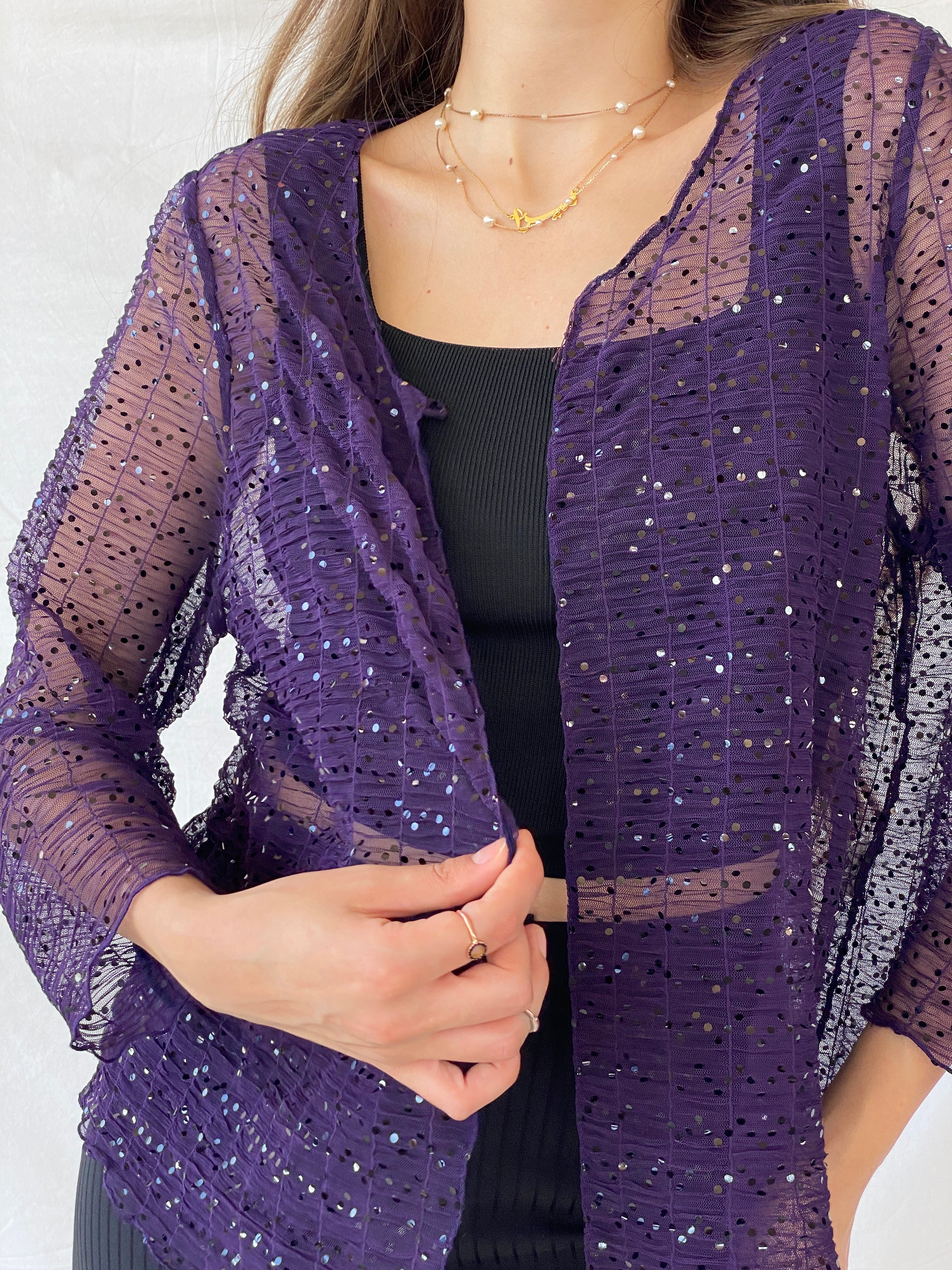 Vintage Talla&Moda Sequined Sheer Purple Cardigan - L