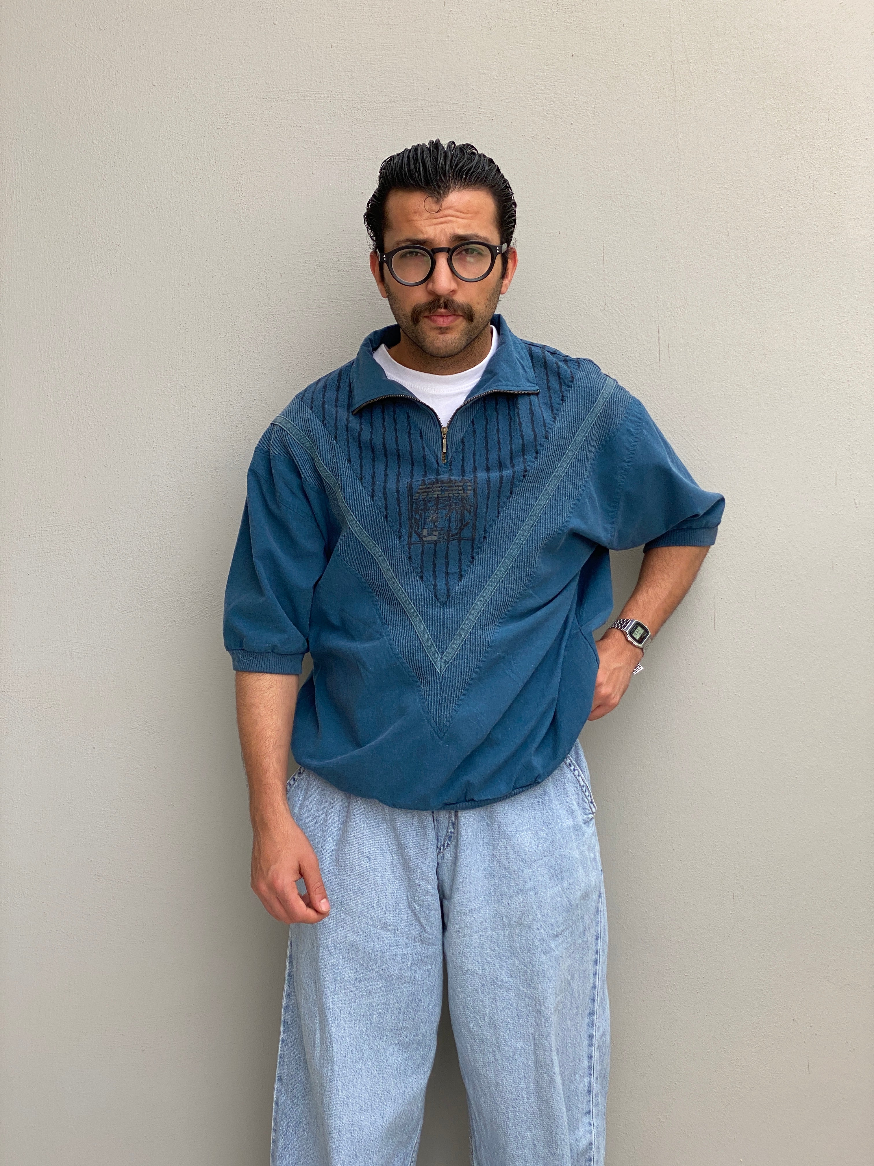 Vintage 90s Blue Men’s Quarter Zip Textured Cotton Blend Pullover Top – M