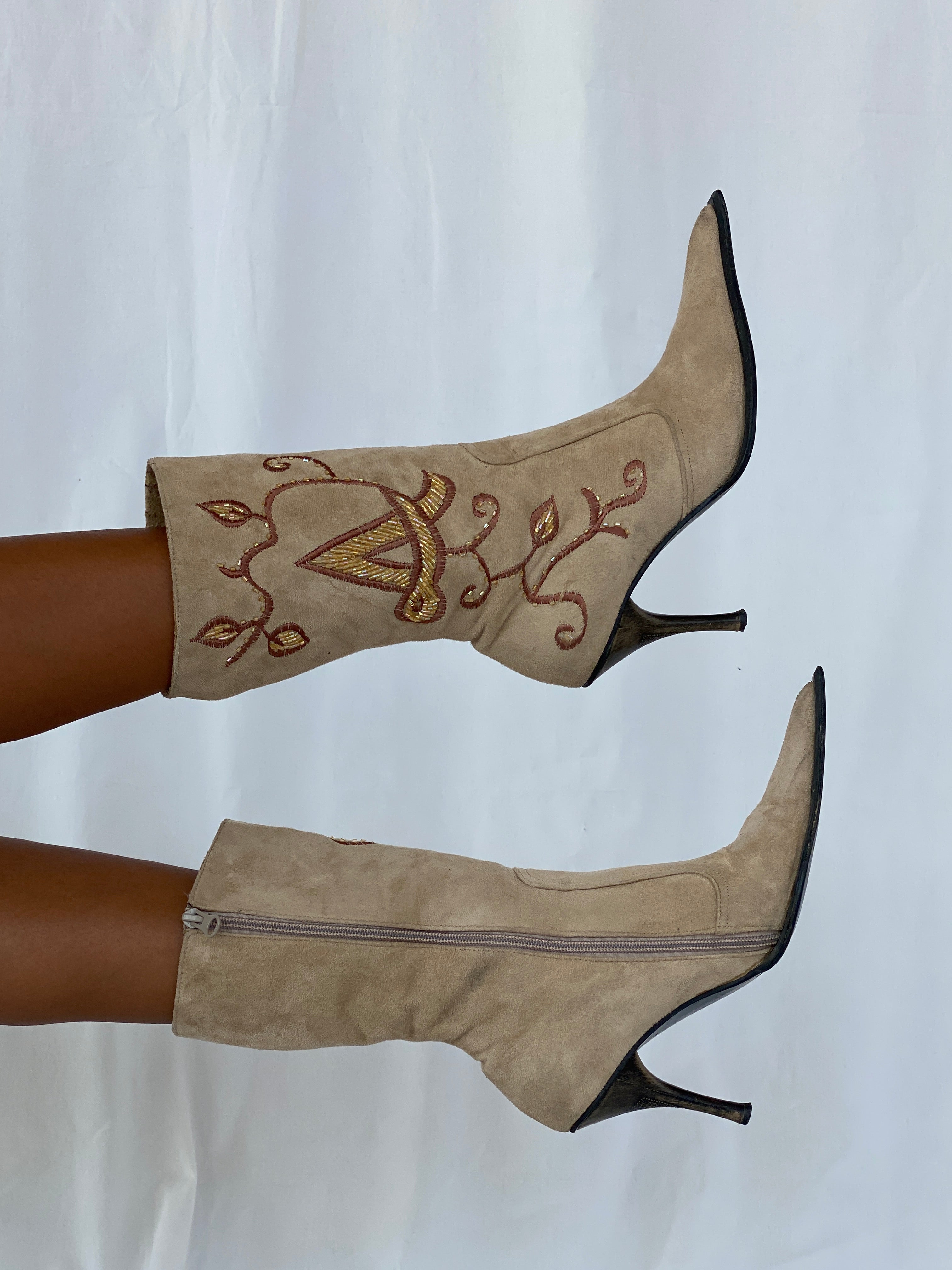 Vintage Milano Camel Suede Western Embellished Heel Boots