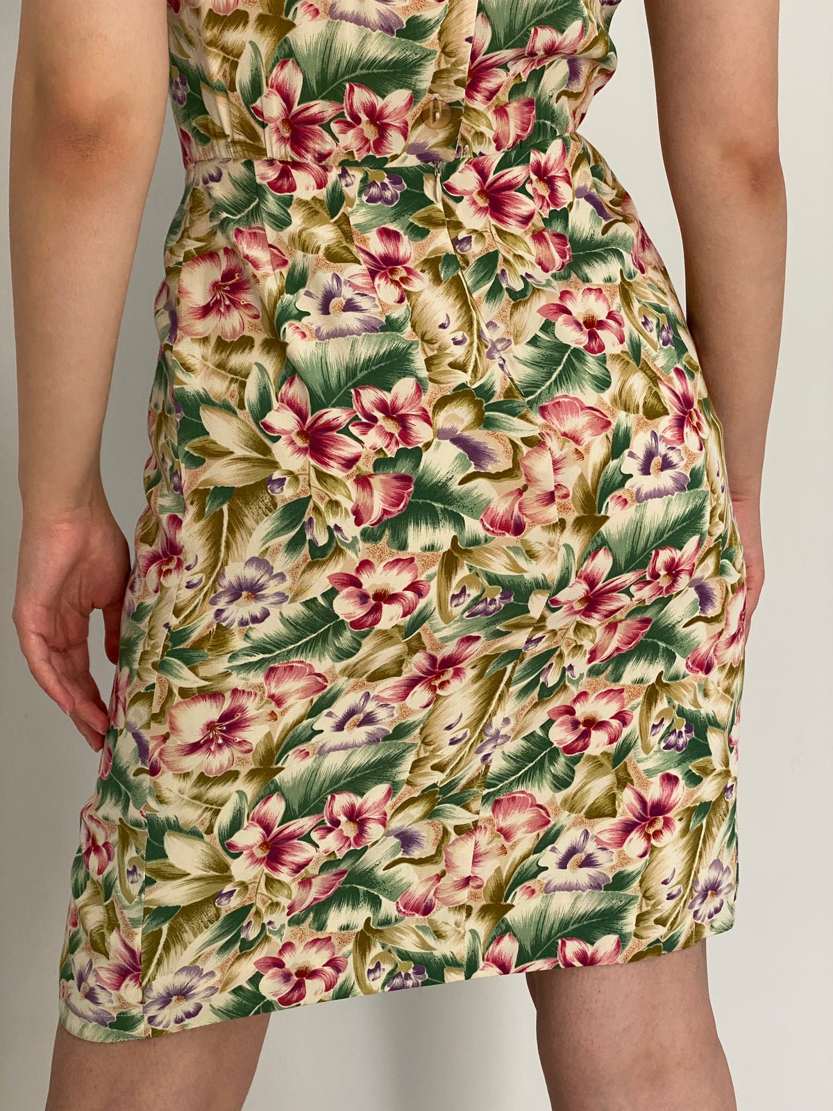 Vintage 90s Liz Claiborne Cream Rayon Tropical Floral Wrap-Style Dress - S