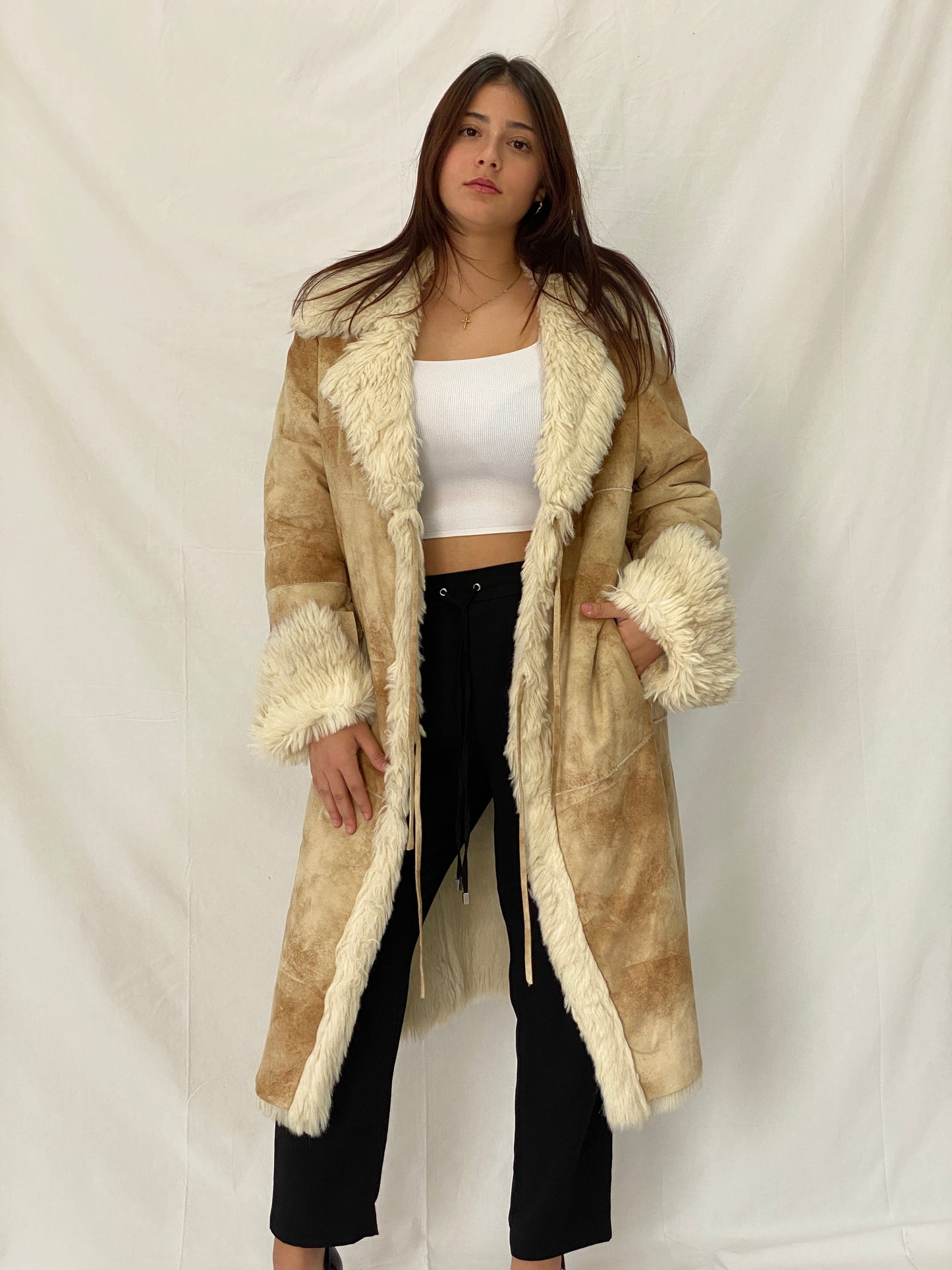 FREEHORN by Conbipel Faux Fur Lined Italian Genuine Leather Penny Lane Coat 70s Boho Jacket - XL