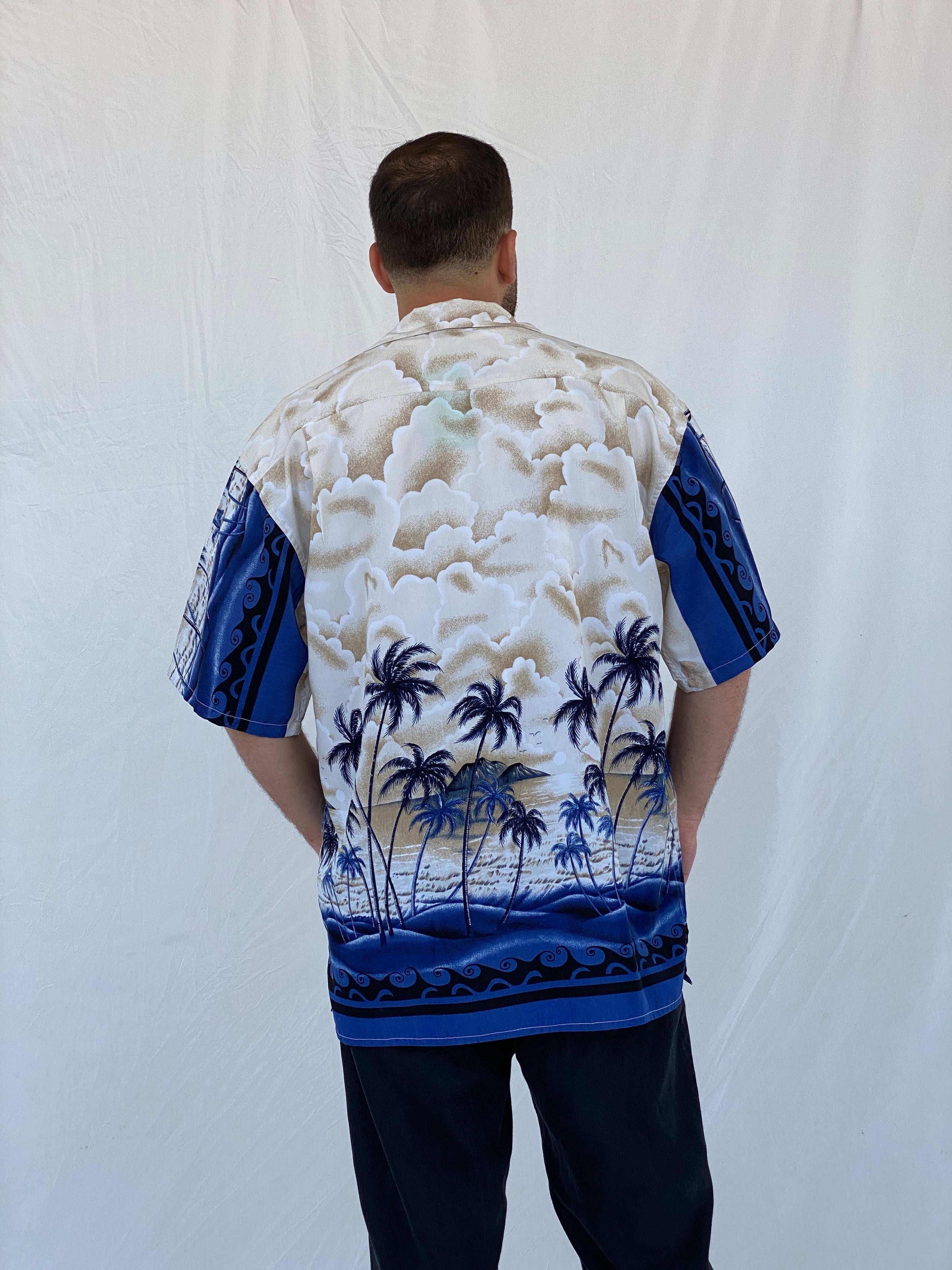 Vintage Ferugini Hawaiian Blue and Beige Palm Trees Hawaii Shirt - L - Balagan Vintage Half Sleeve Shirt 90s, half sleeve shirt, Hawaiian shirt, Iyad, mens shirt, NEW IN, printed shirt