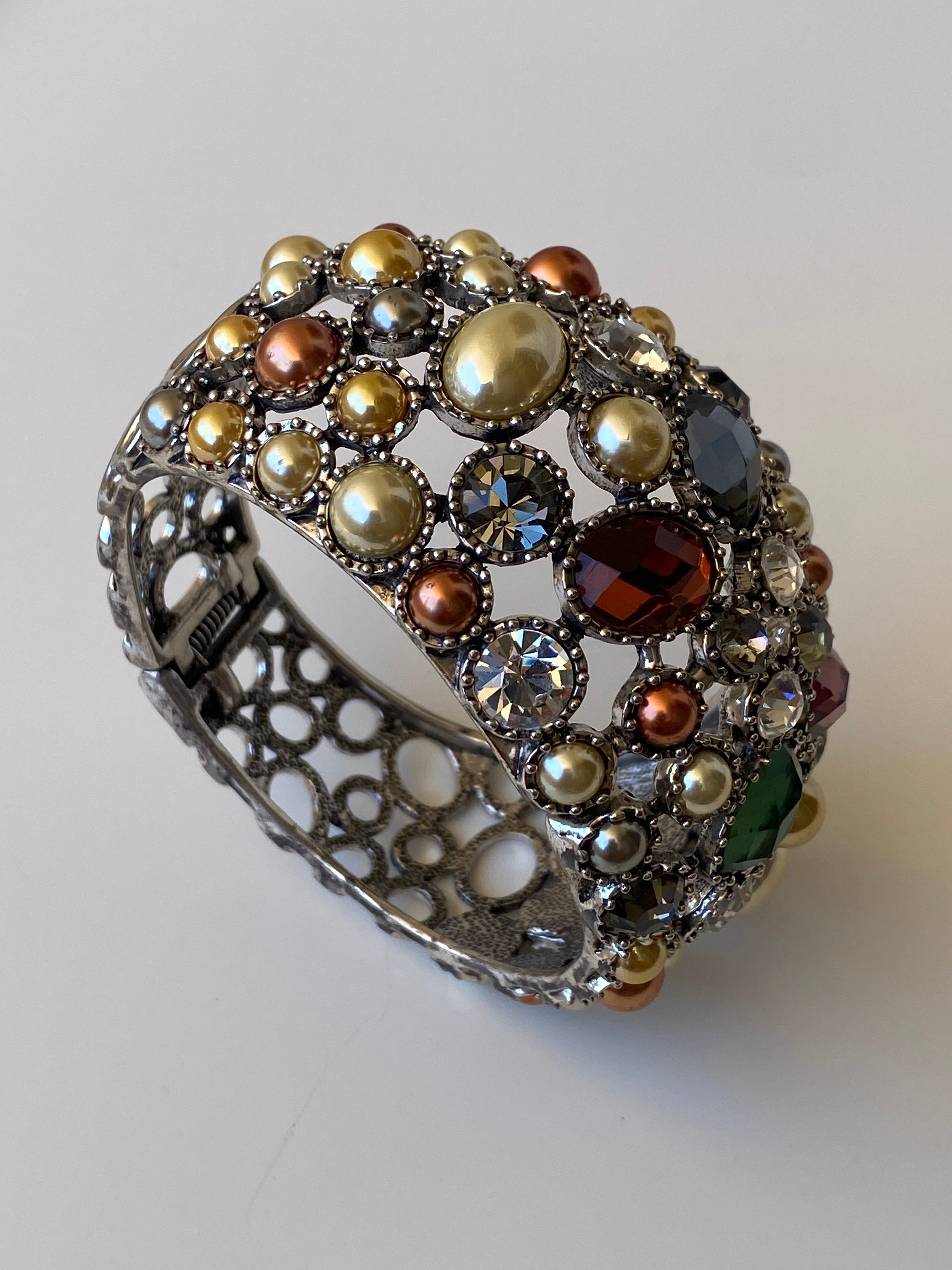 Vintage Jewel Tone Rhinestone Cuff Bracelet Pearl & Crystal Statement Bangle