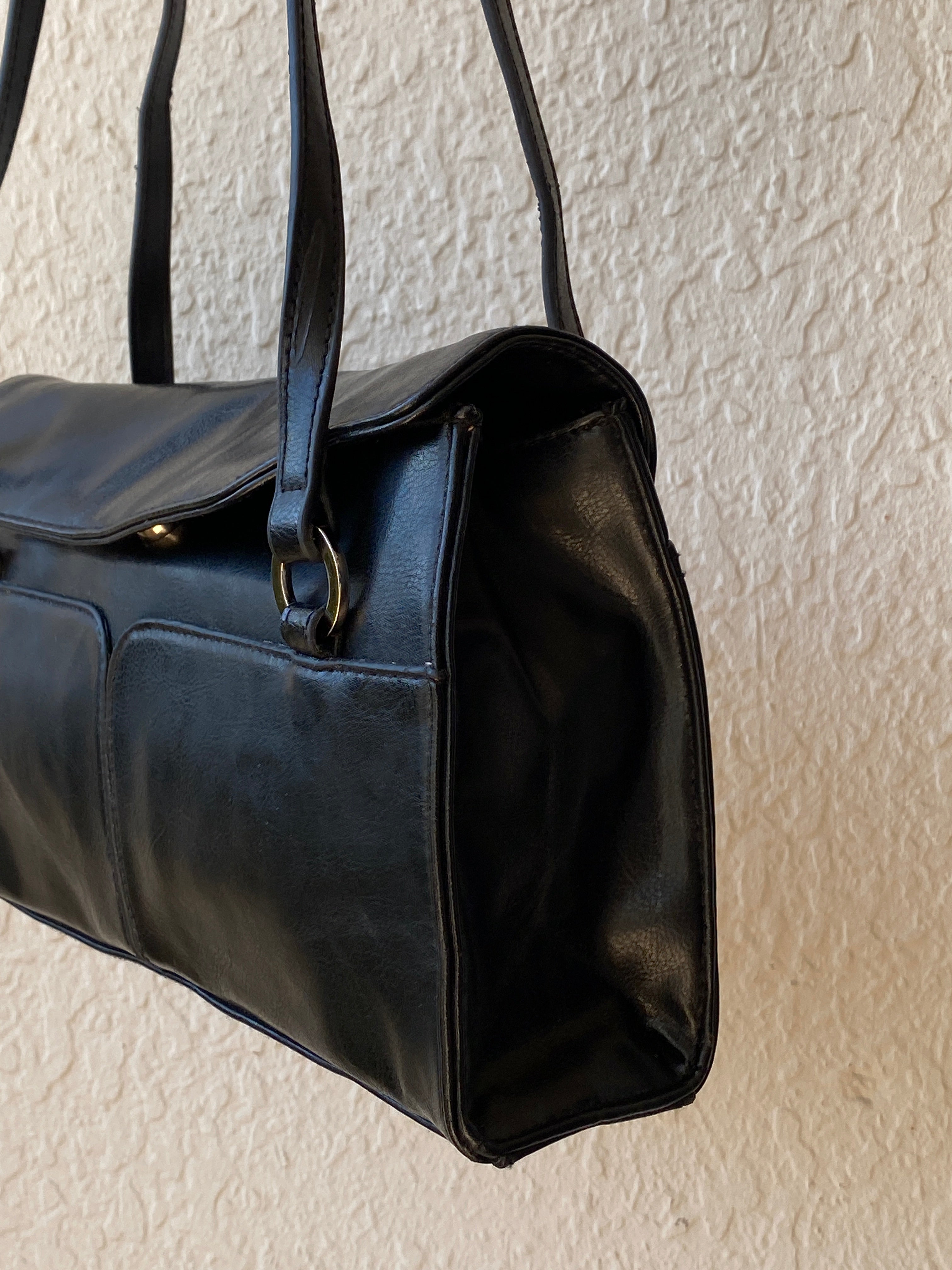 Vintage 90s Black Minimalist Double Pocket Shoulder Bag