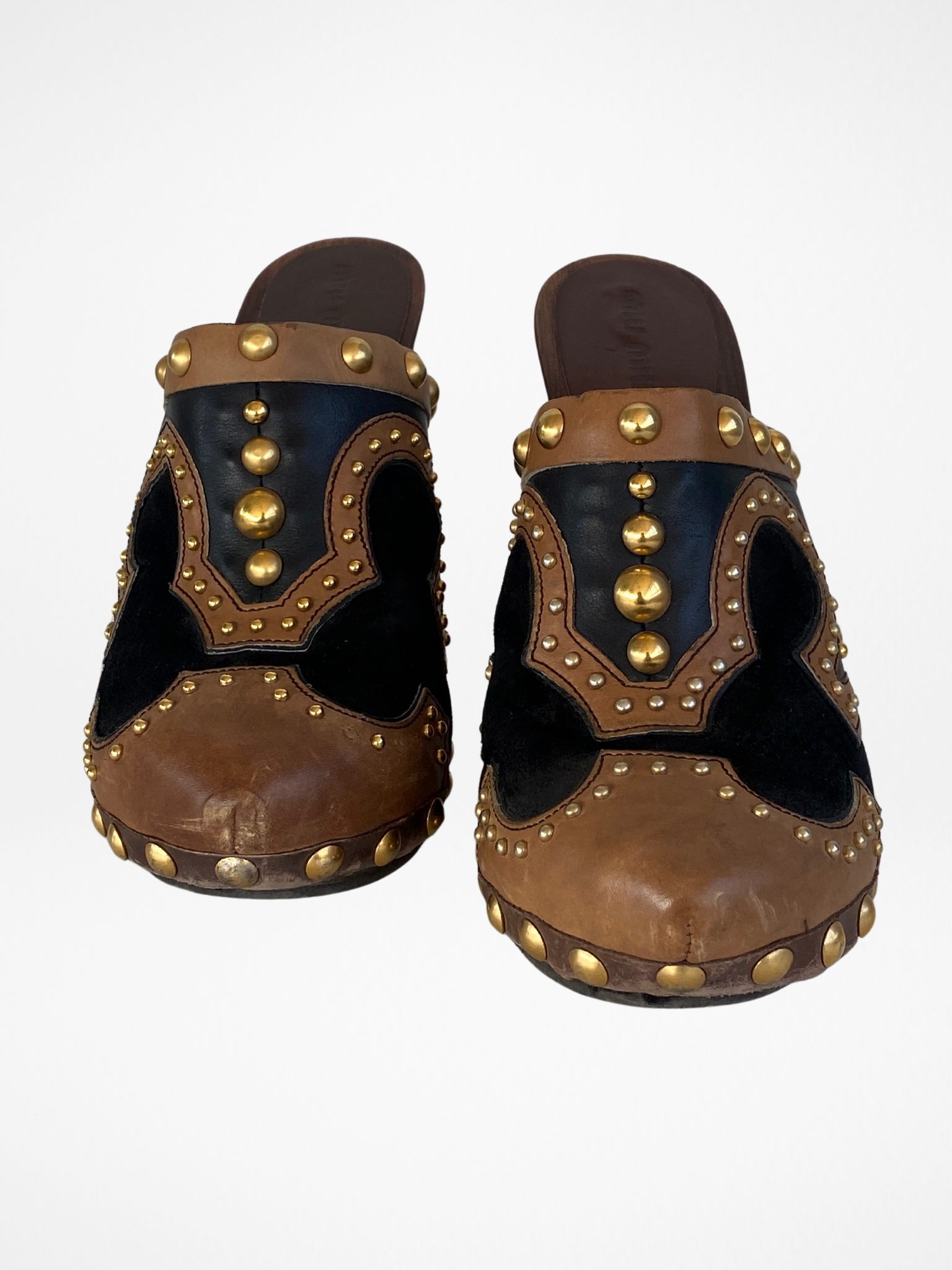 Vintage MIU MIU Gold Studded Brown Suede Leather Wood High Heel Clog Mules - 38EUR