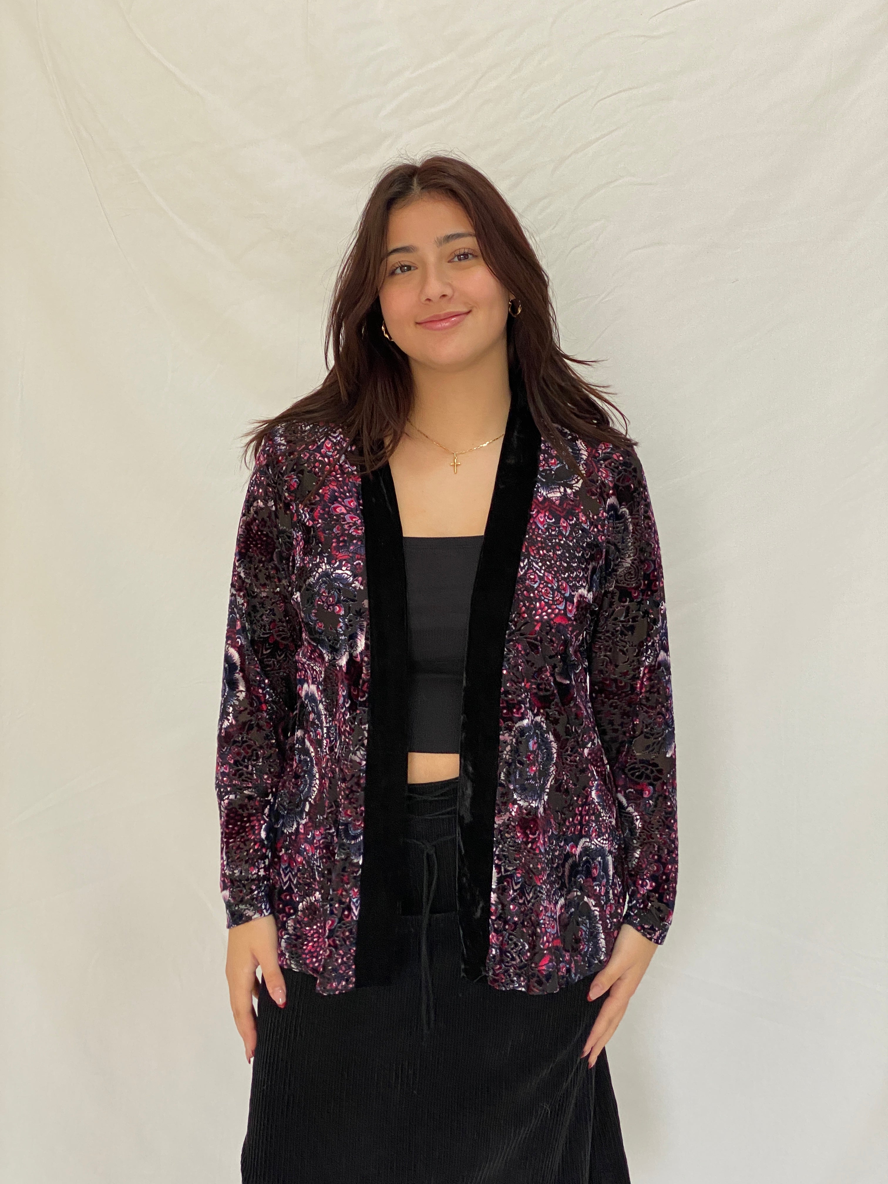 Vintage Millers Black Velvet Floral Paisley Open-Front Cardigan - L