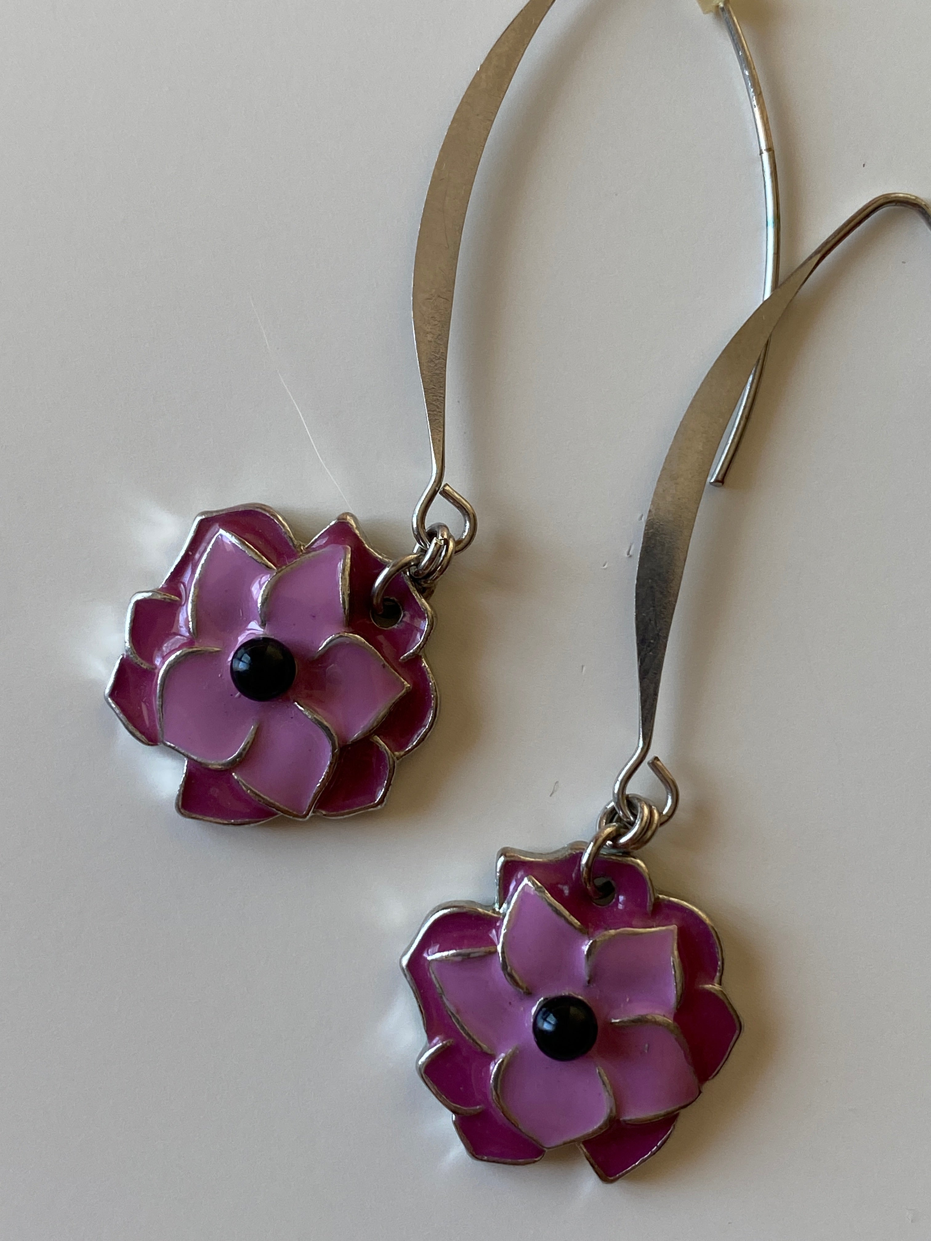 Vintage Enamel Flower Drop Earrings - Pink & Purple Floral Dangle
