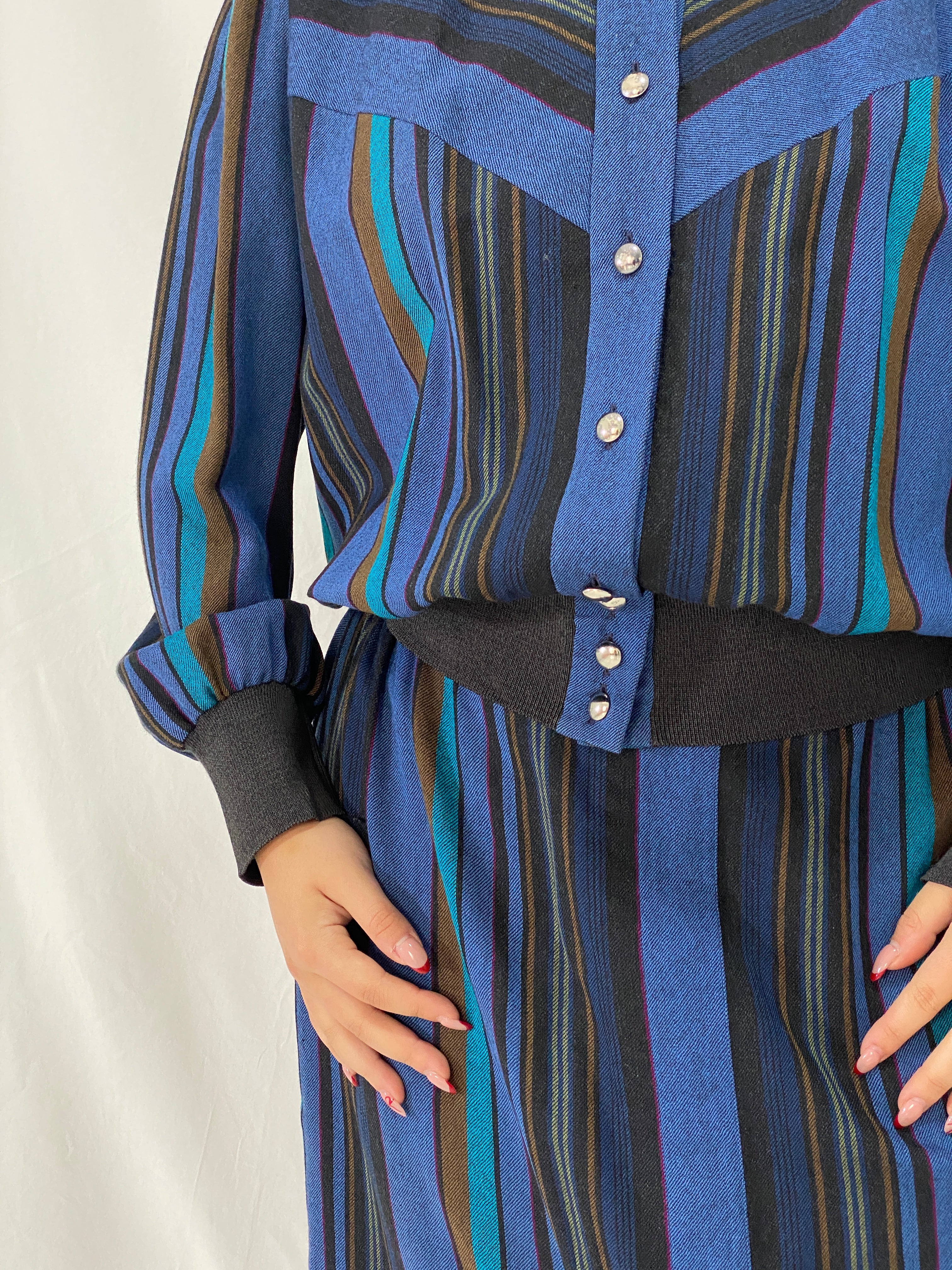 Vintage Pure Wool Sporting Dress Skirt & Jacket Set Blue Striped Two-Piece Set - L