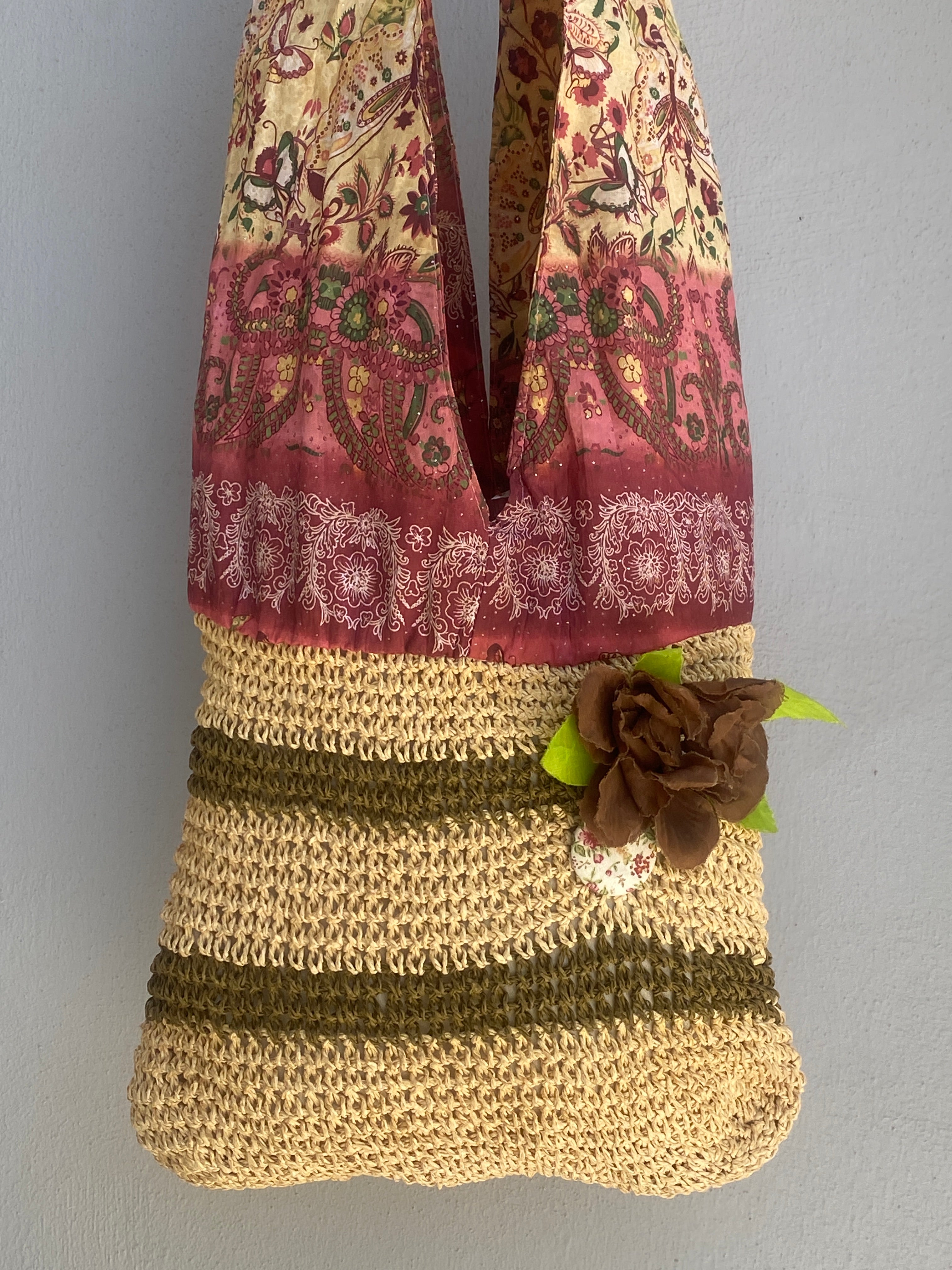 Vintage Boho Patchwork Straw & Paisley Print Tote Bag Floral Detail Shoulder Bag