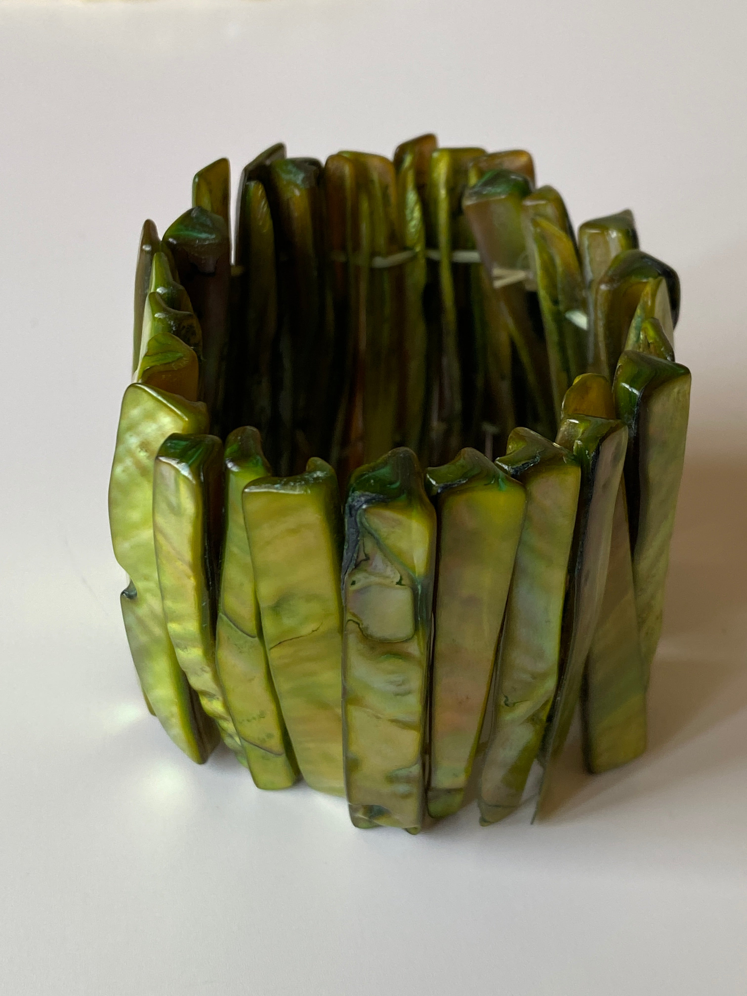 Vintage Green Mother of Pearl Elastic Bracelet Wide Shell Statement Bracelet