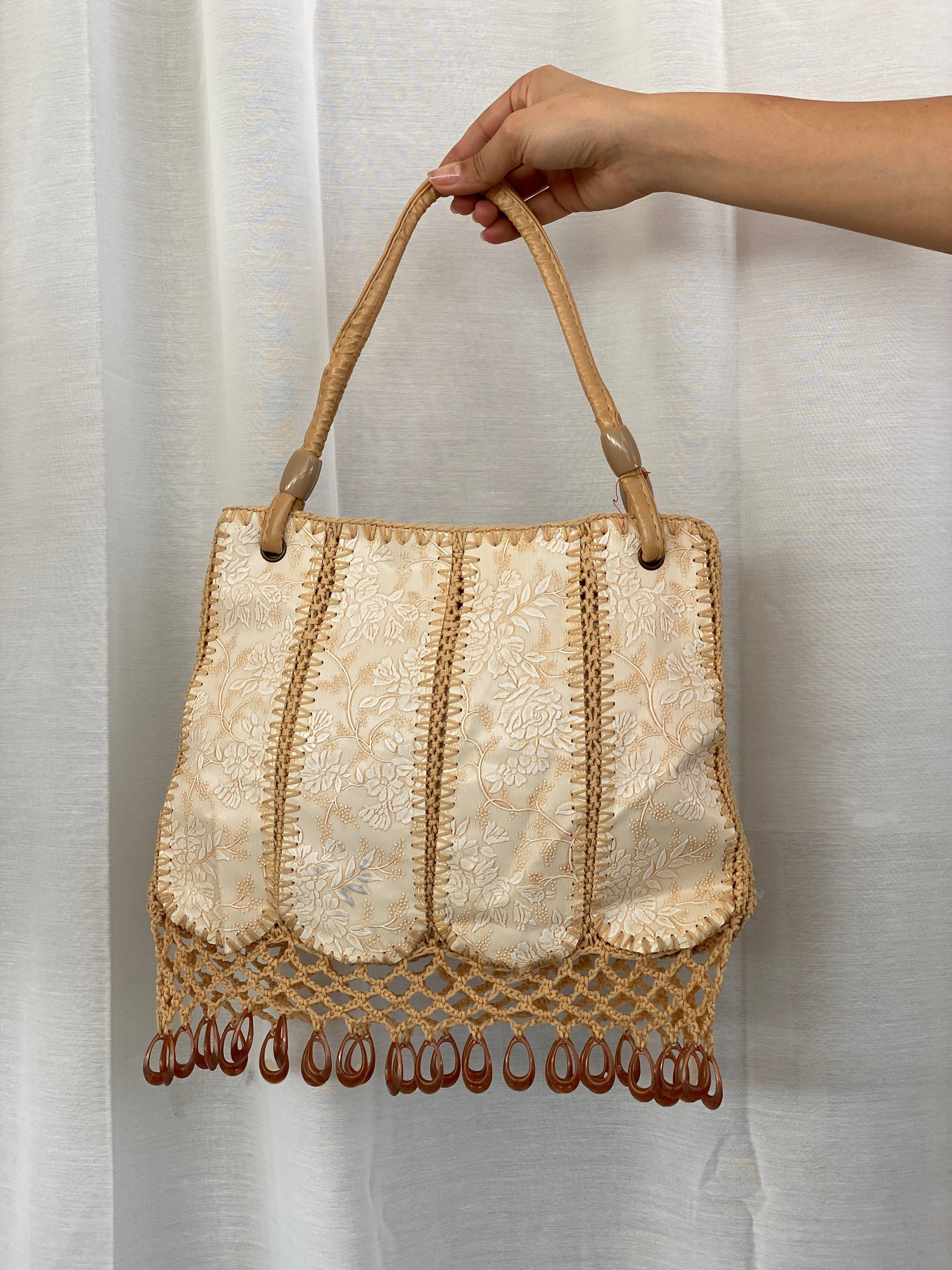 Y2K Beige Floral Embossed Canvas  Beaded Crochet Handbag