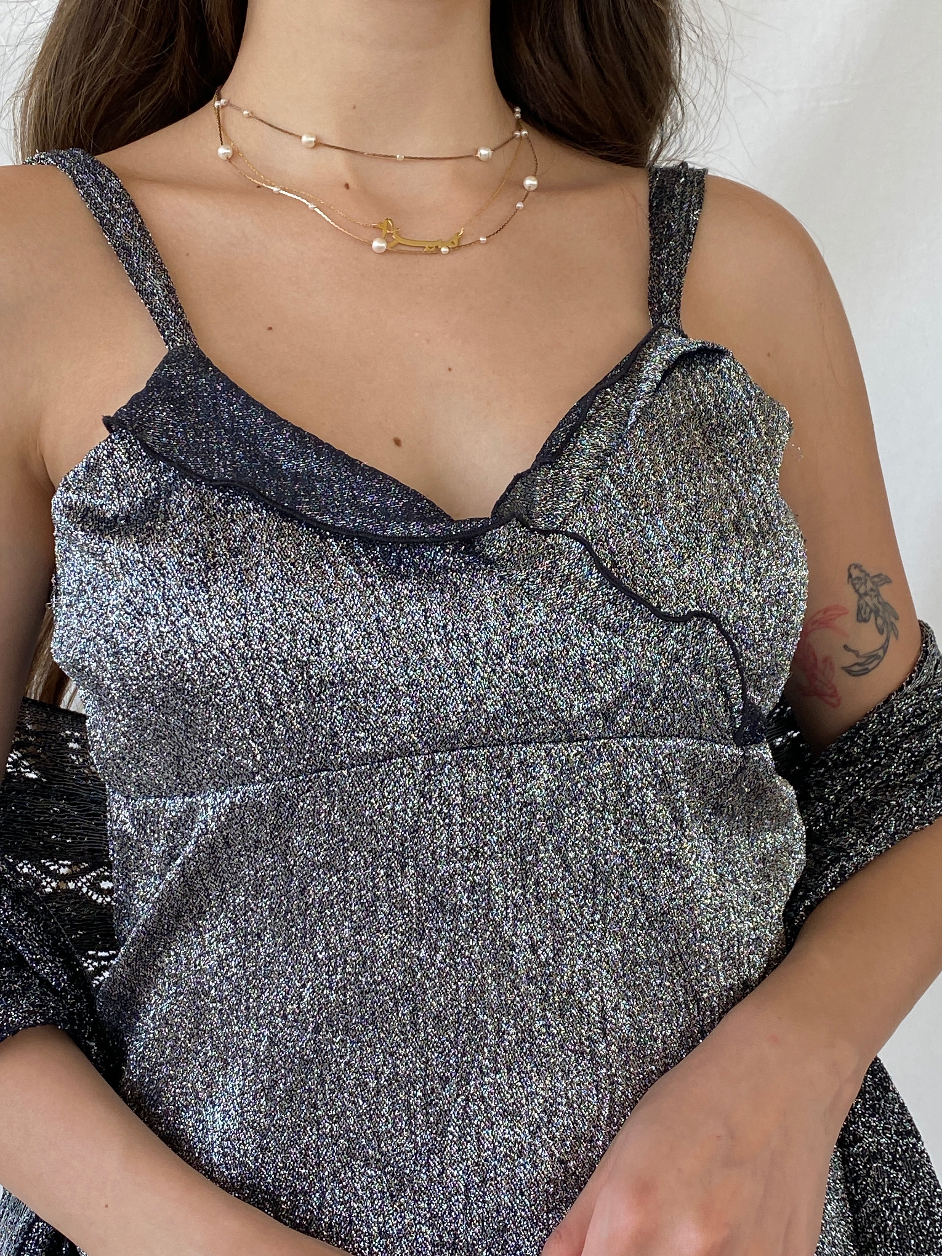 Vintage 90s Malibu Shimmery Silver Party Top with Matching Scarf - M