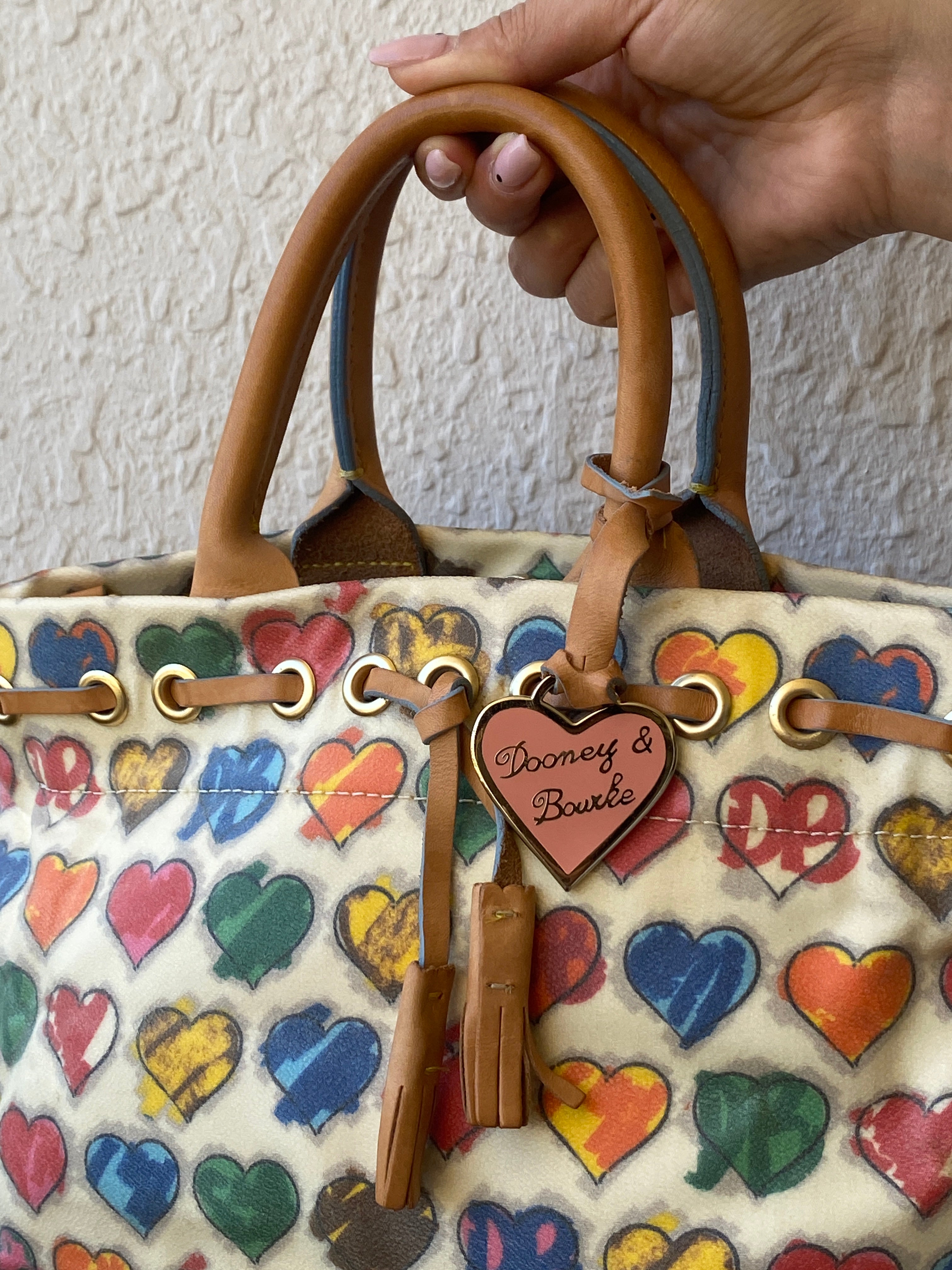 Vintage Dooney & Bourke Crayon Hearts Leather Tassel Satchel