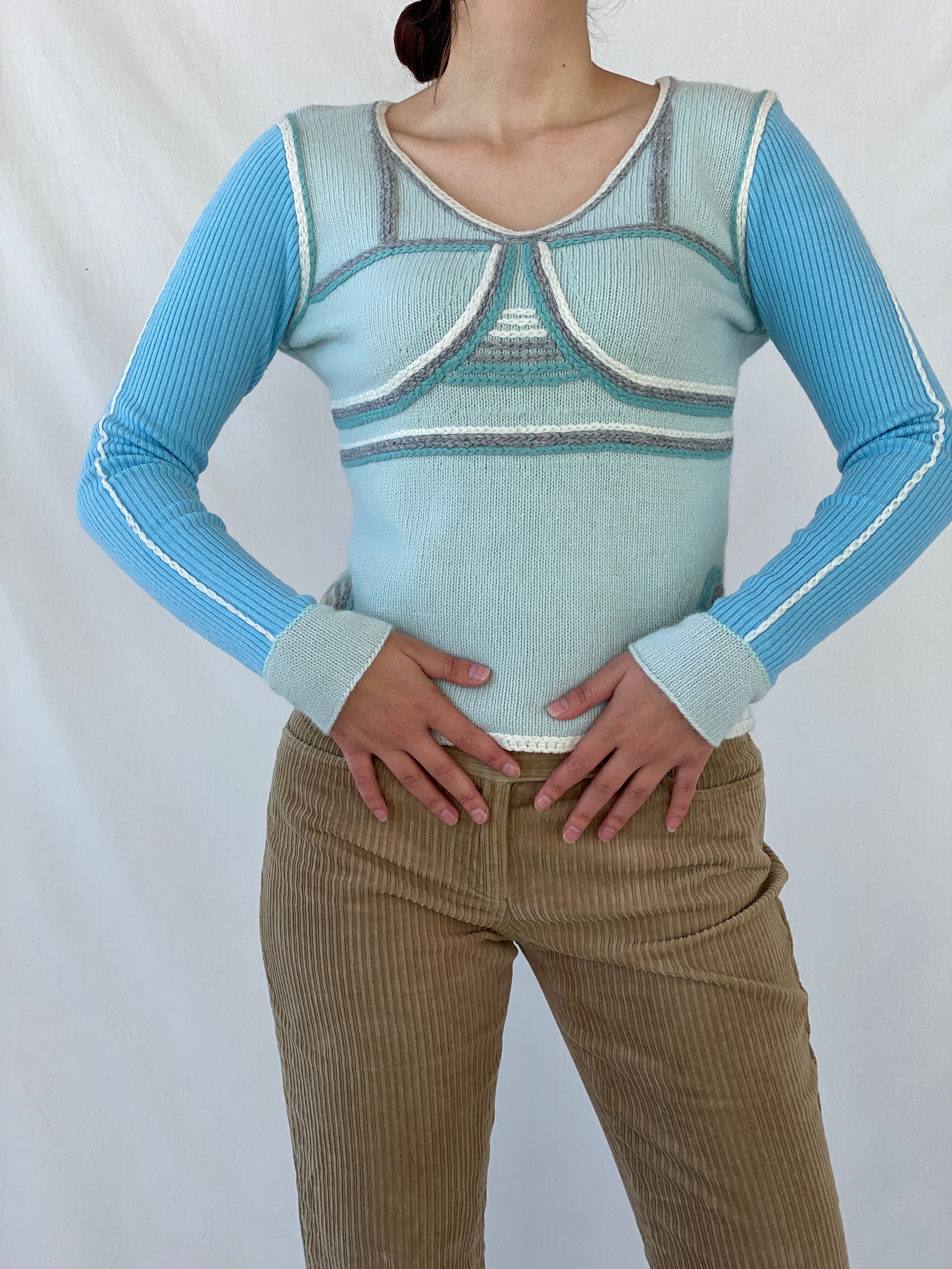 Vintage SUCHITA Rib Knit Pastel Blues Wool Long Sleeve Top - M