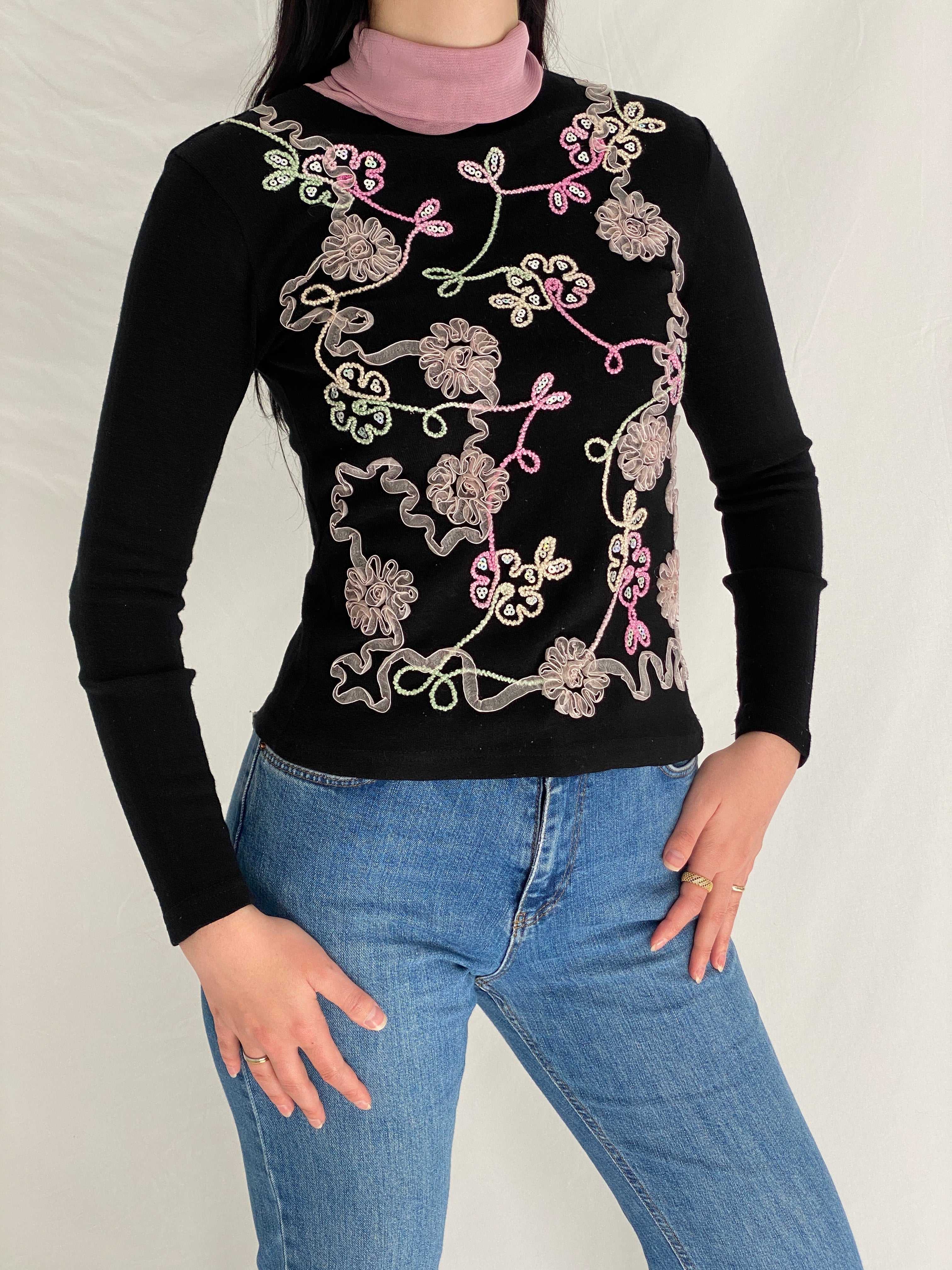 Vintage Black Floral Embroidered Pink 90s High Neck Top - S