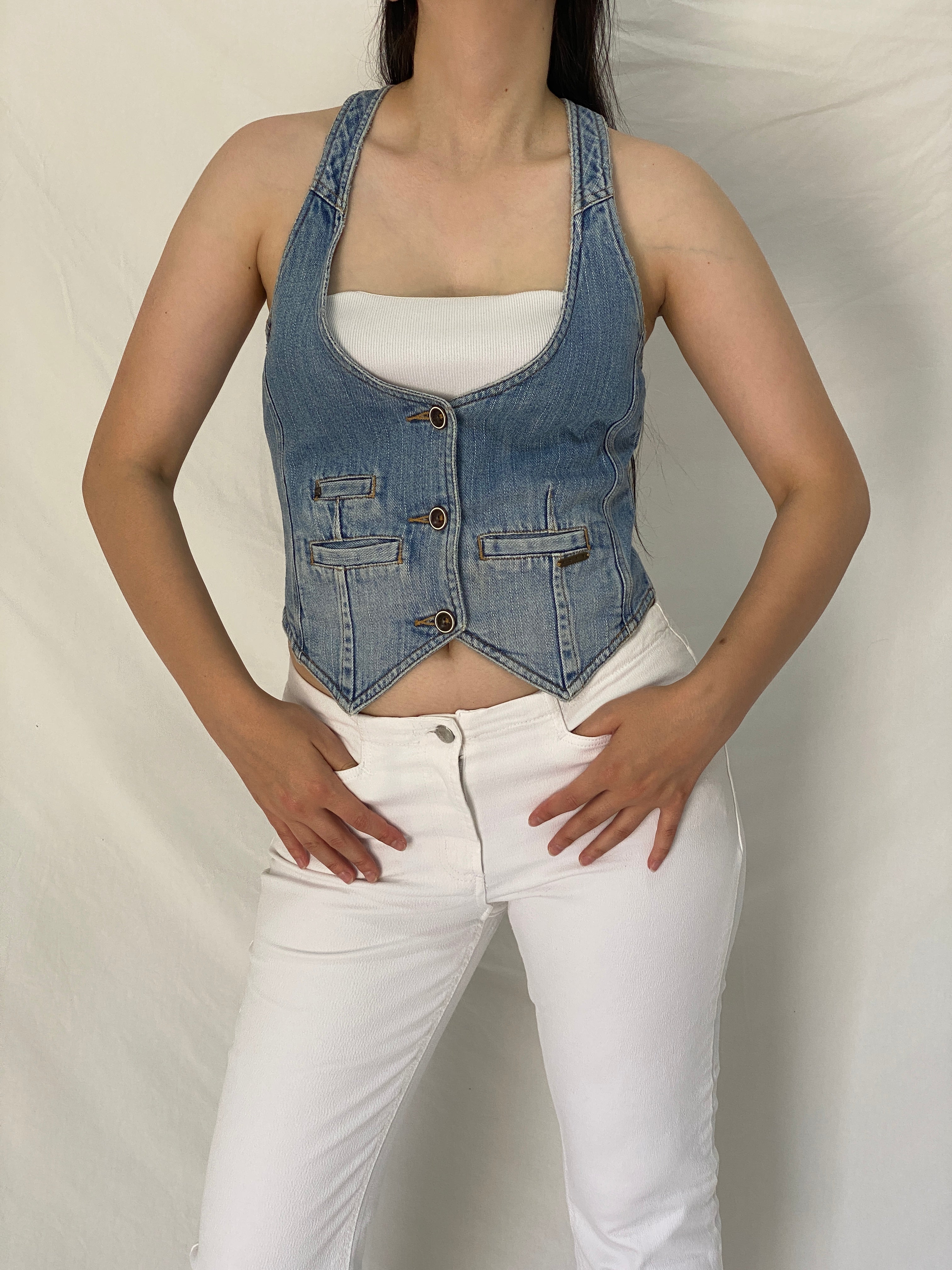 Vintage Y2K Roxy Blue Denim Racerback Button Front Vest Top - M