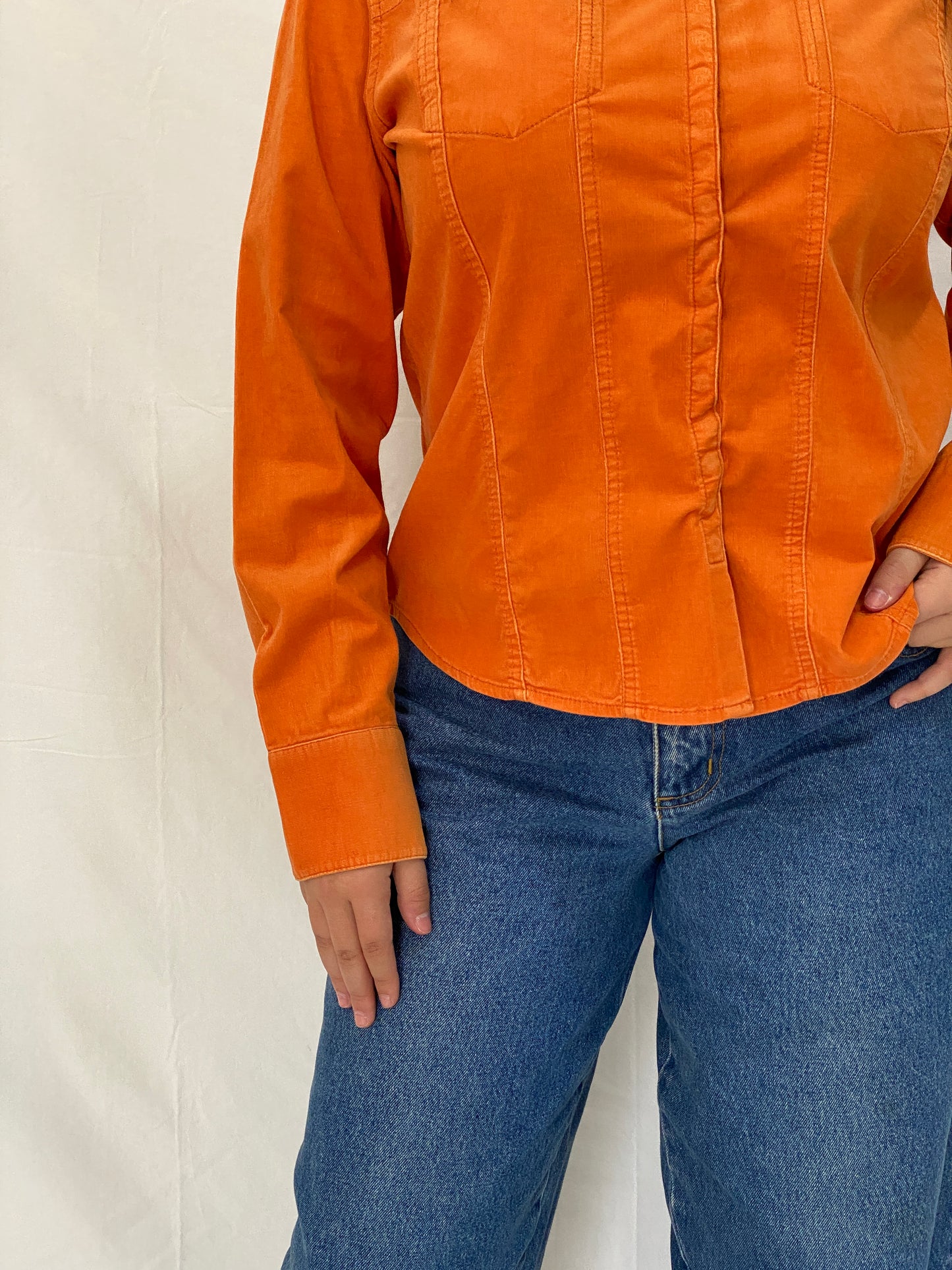 Y2K Liz Claiborne Orange Corduroy Lightweight Full Sleeve Shirt - M