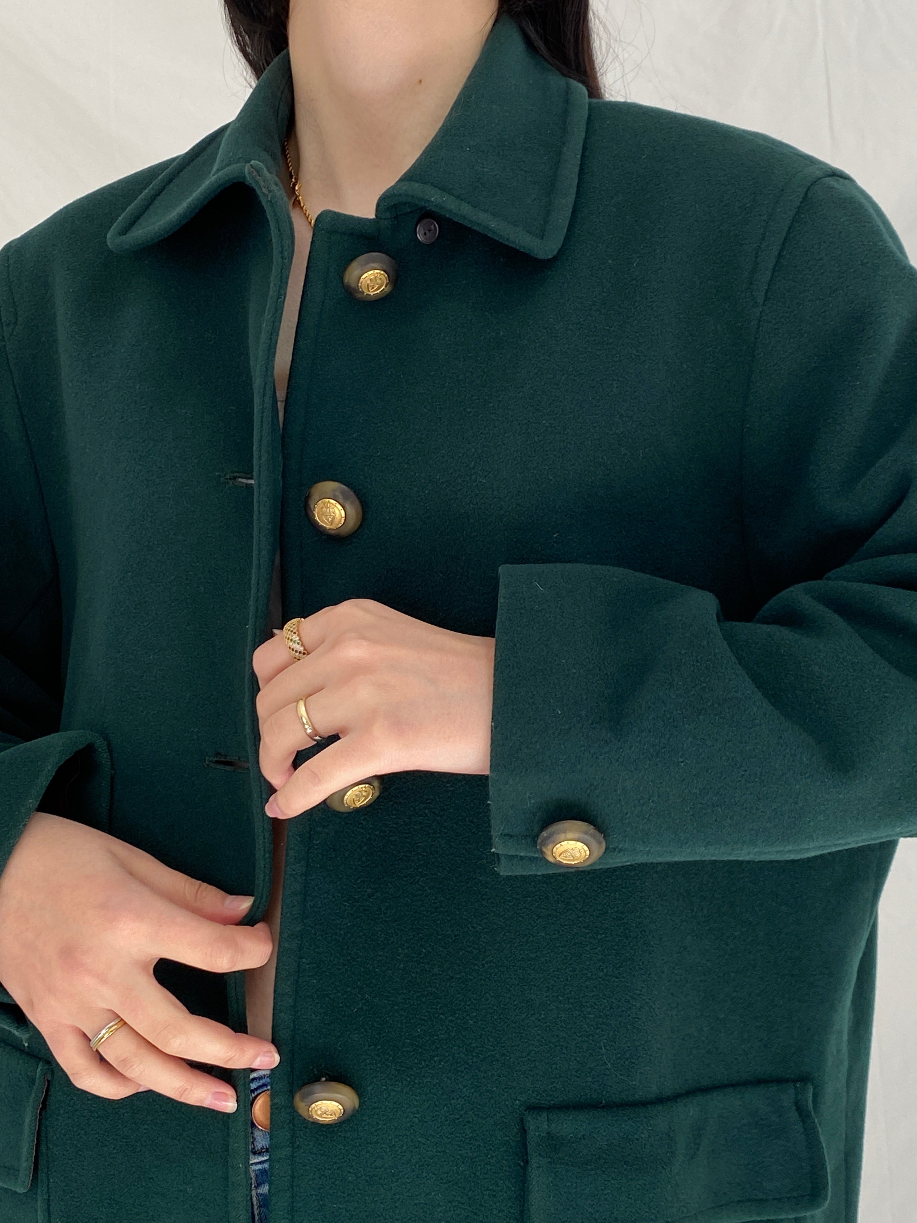 Vintage Viyella Green Wool Coat 90s Classic Tailored Wool Minimalist Jacket - L