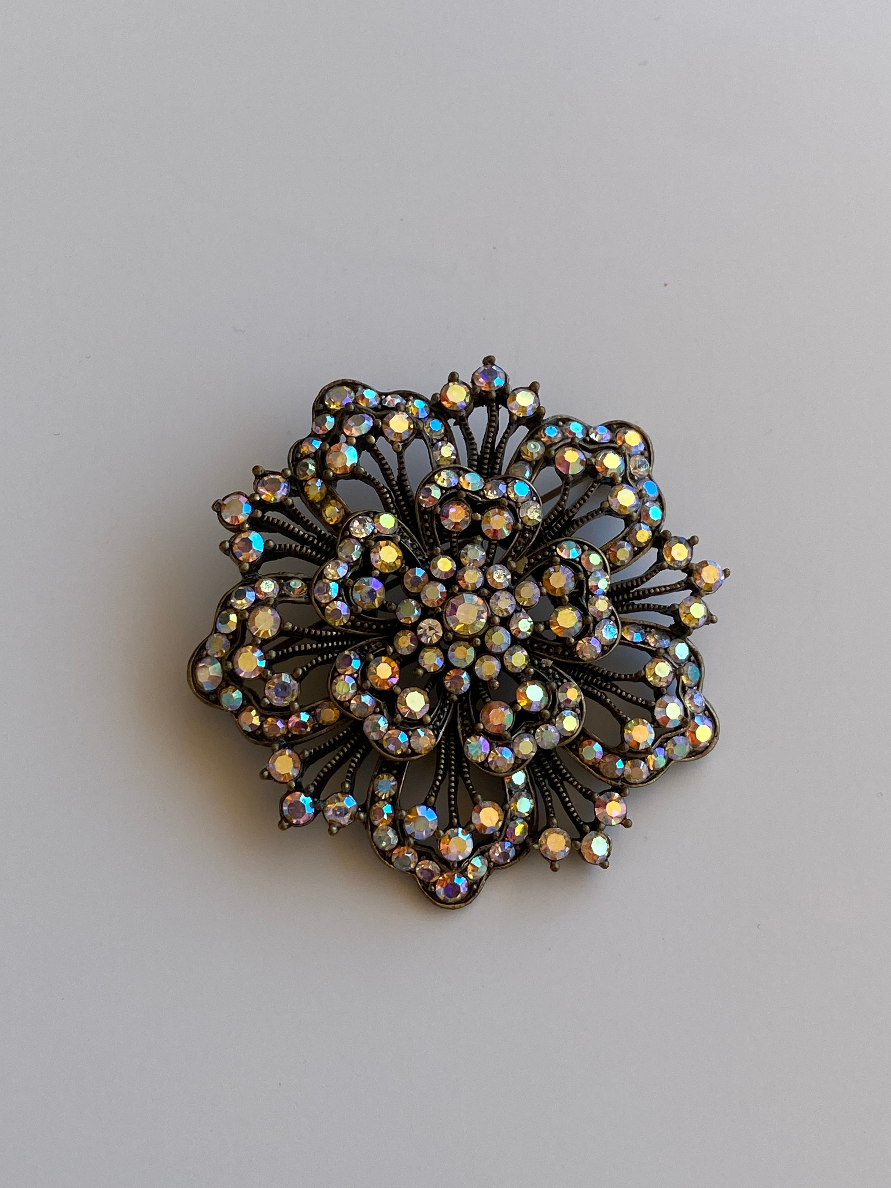 Vintage Aurora Borealis Rhinestone Bronze Floral Statement Brooch