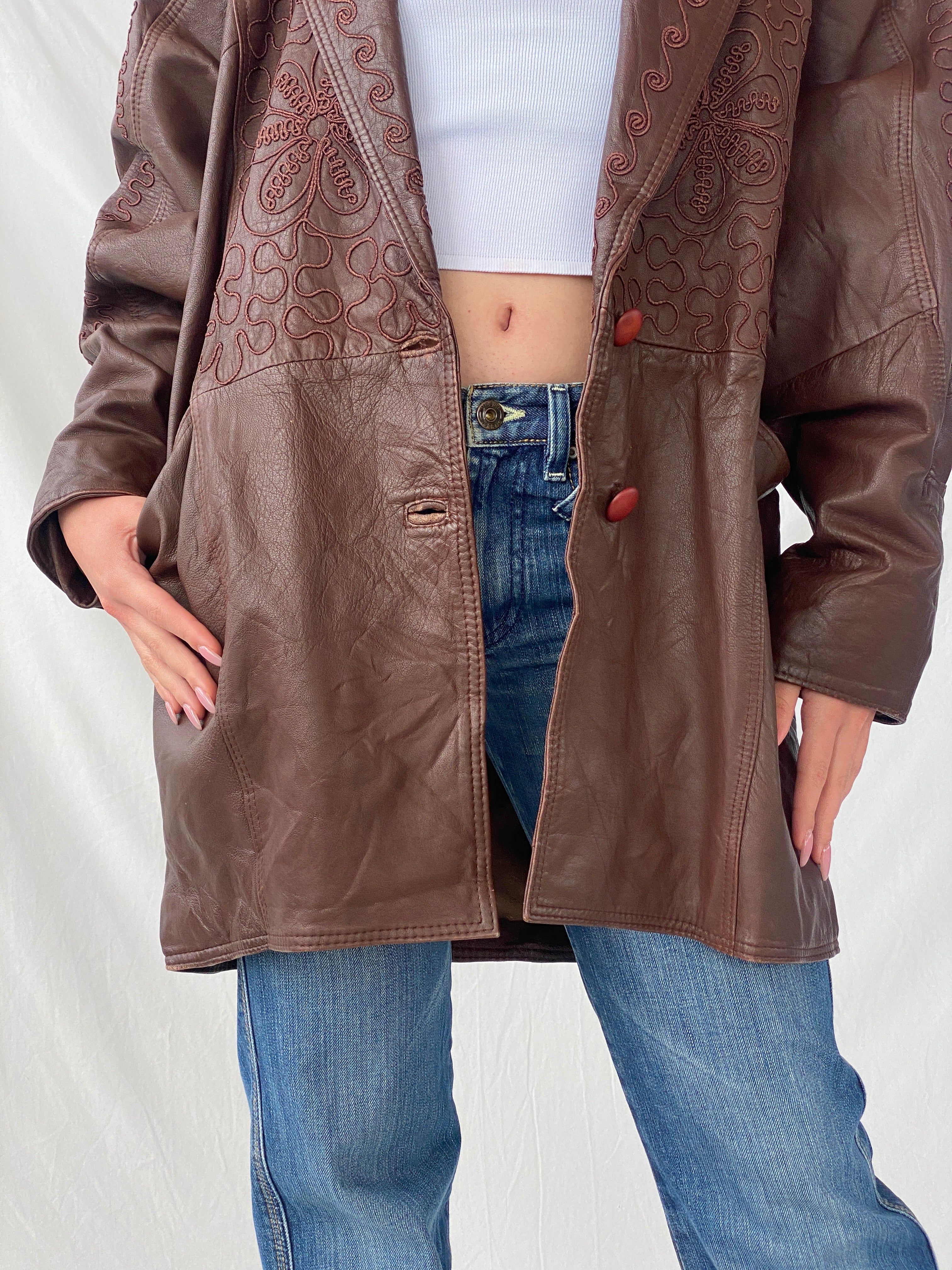 Coolest 80s Vintage Women’s Brown Floral Embroidered Genuine Leather Coat - L