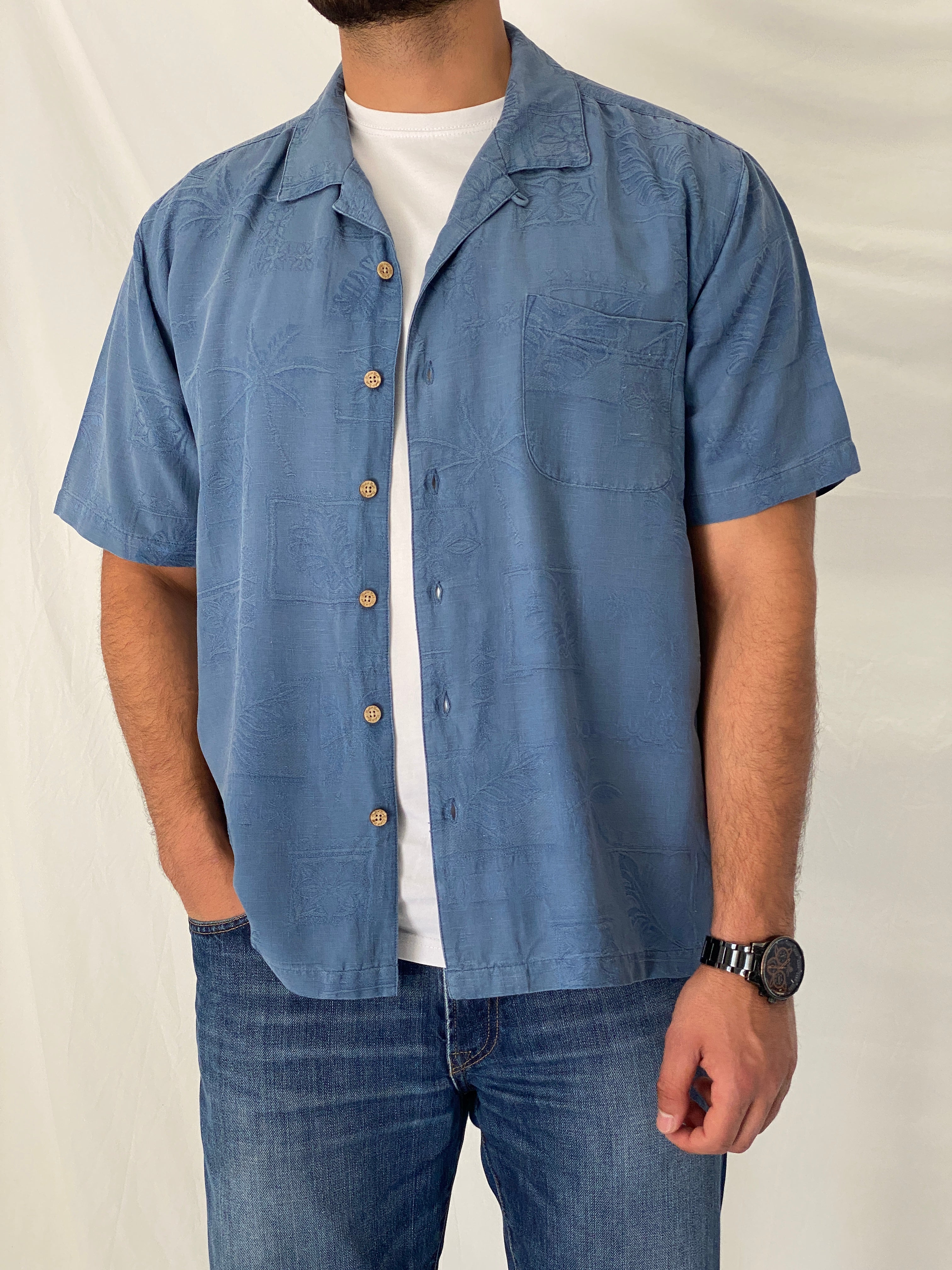 Vintage Batik Bay Blue 100% Silk Hawaiian Camp Jacquard Shirt – XL