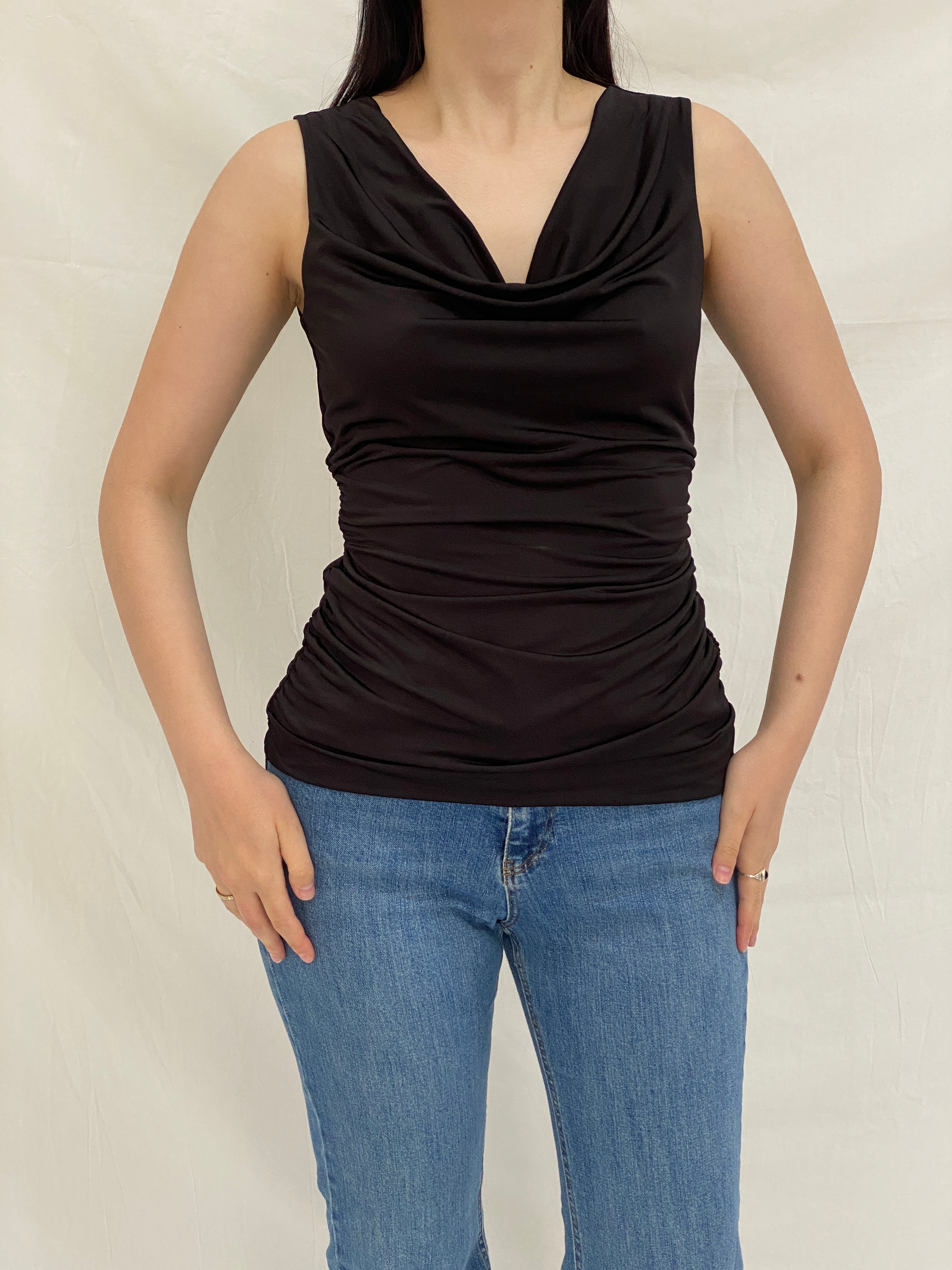 Vintage Y2K Black Ruched Cowl Neck Top Cache Stretch Fitted Open Back - S