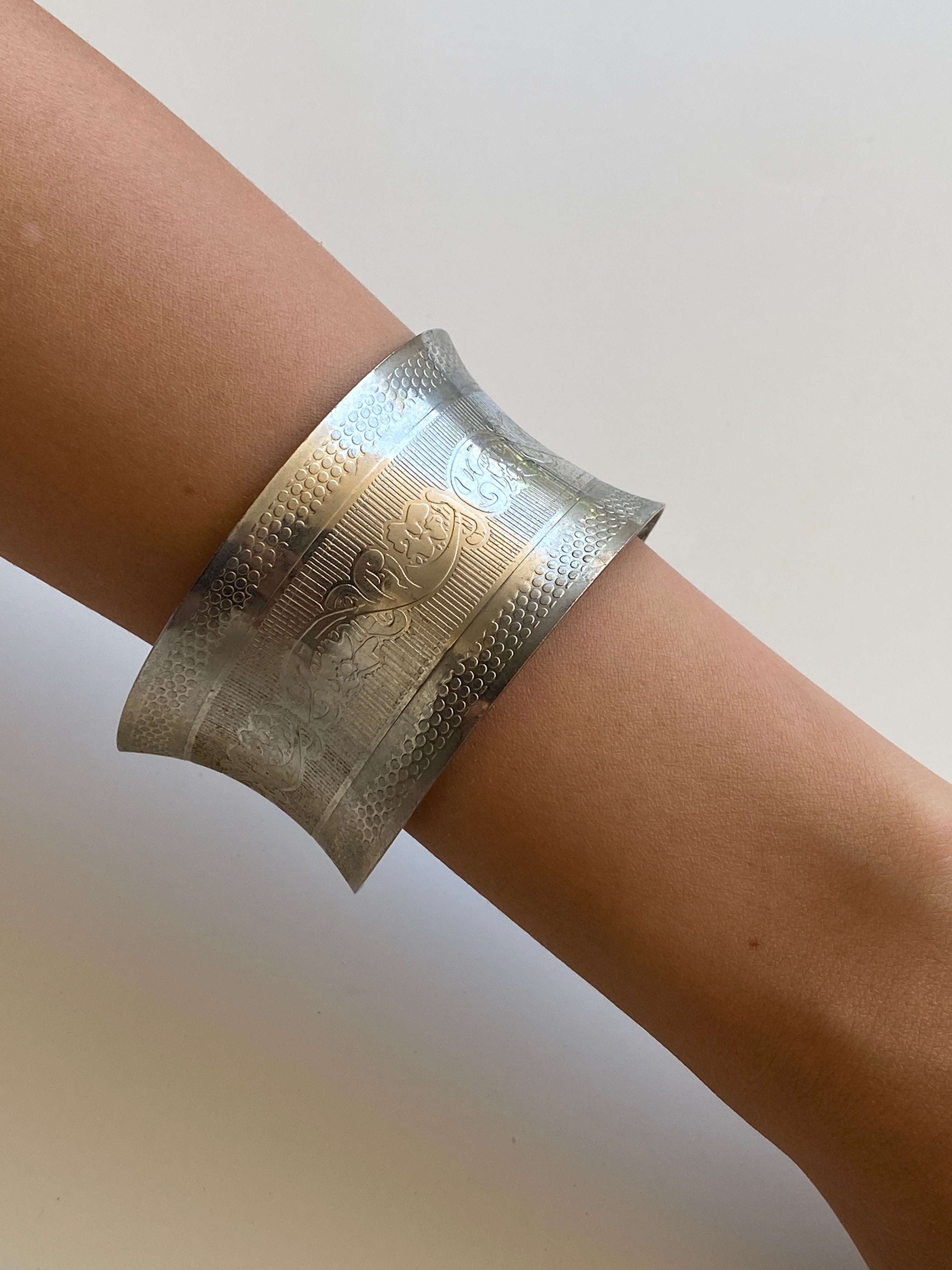 Vintage Silver-Tone Engraved Wide Statement Cuff Bracelet
